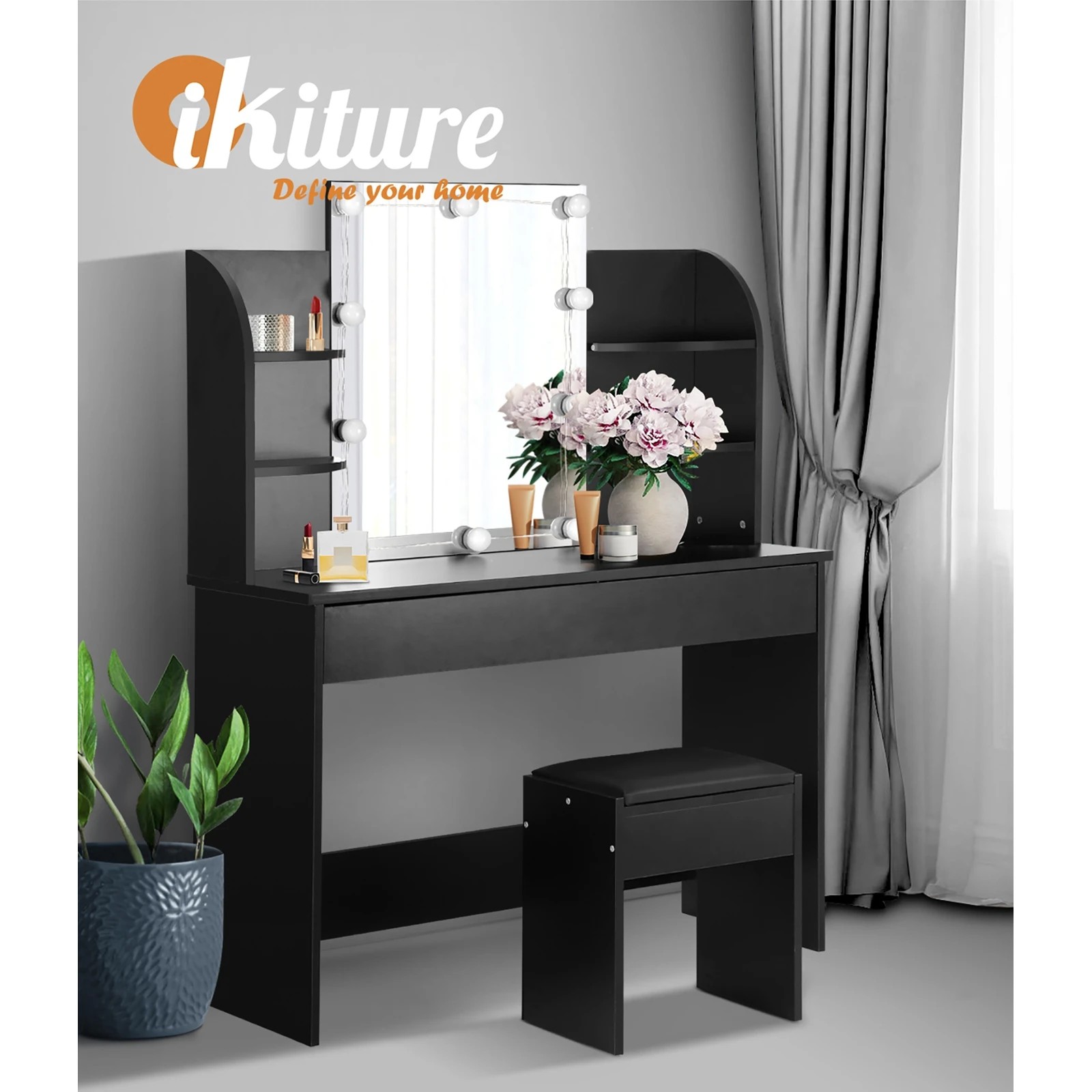 6 Oikiture Dressing Table Stool Set Makeup Mirror Storage Drawer 10led Bulbs
 - Black, 6 of 9