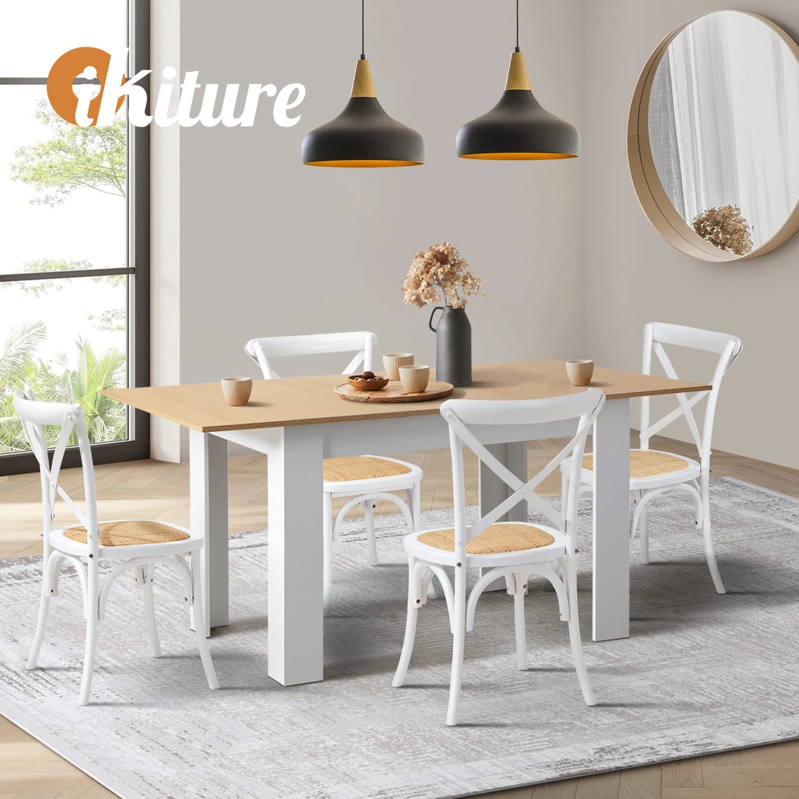 6 Oikiture 160cm Extendable Dining Table With 4pcs Dining Chairs Crossback
 - Multi, 6 of 10