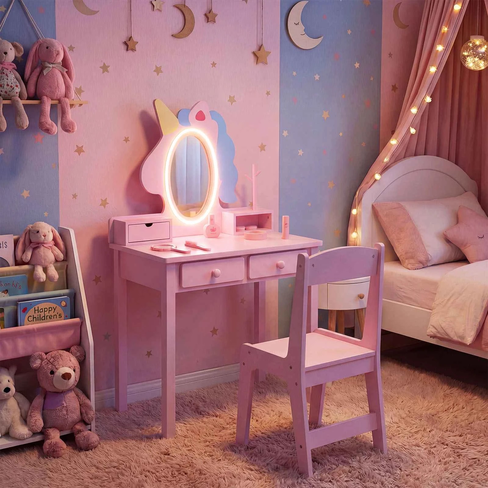 2 Costway Vanity Stool Set Lighted Unicorn Mirror Jewelry Rack - Pink, 2 of 3