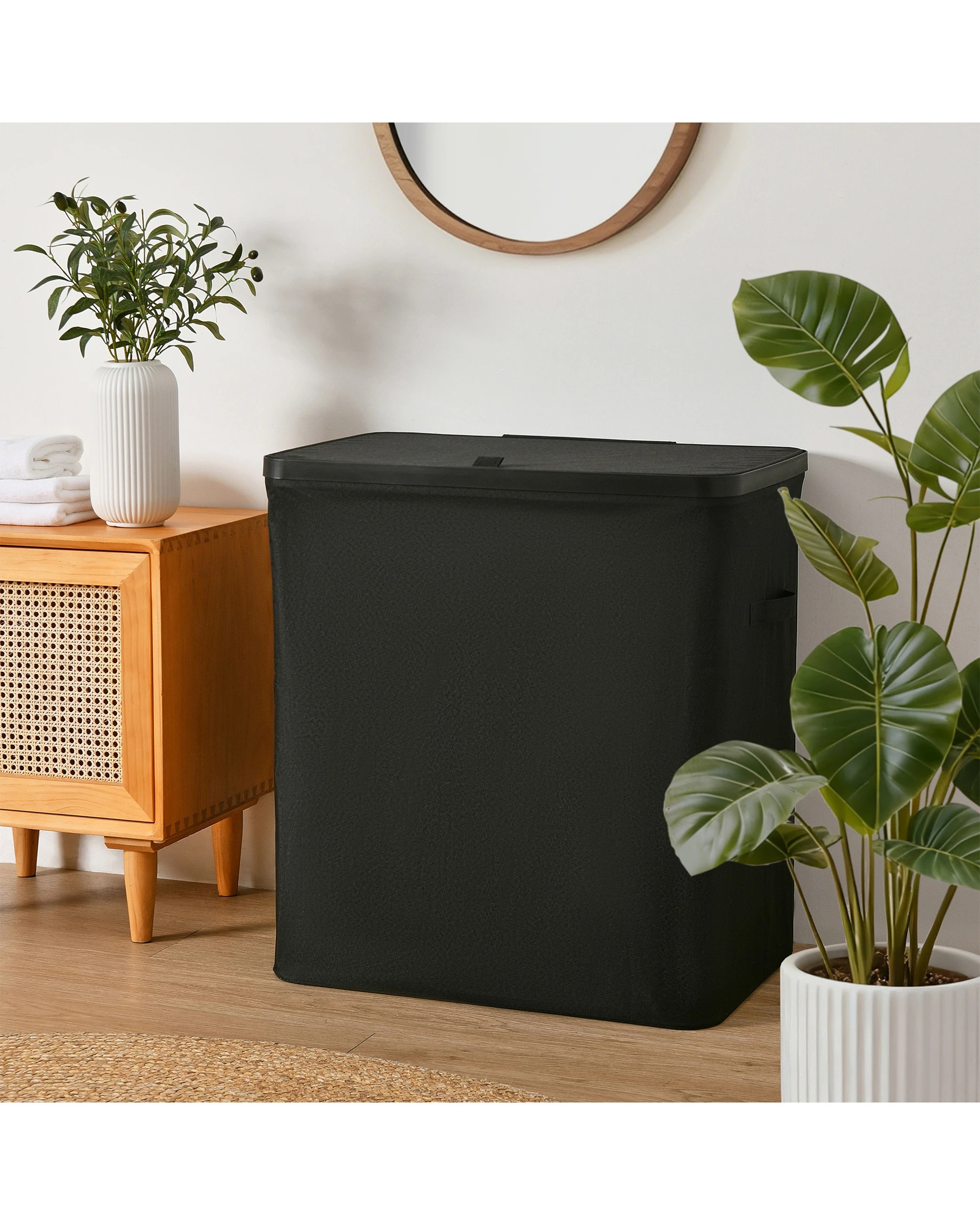 1 Sherwood Voyager 3-Section Laundry Hamper 120L Faux Linen 64x40x67cm - Black, 1 of 10