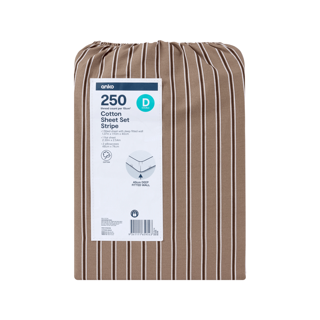 7 250 Thread Count Stripe Cotton Sheet Set - Double Bed, Mocha, 7 of 7