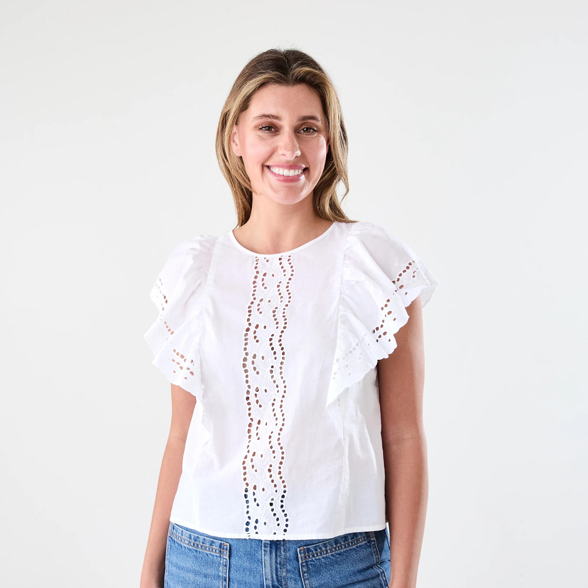 1 Short Sleeve Flutter Broderie Top White, 1 of 6