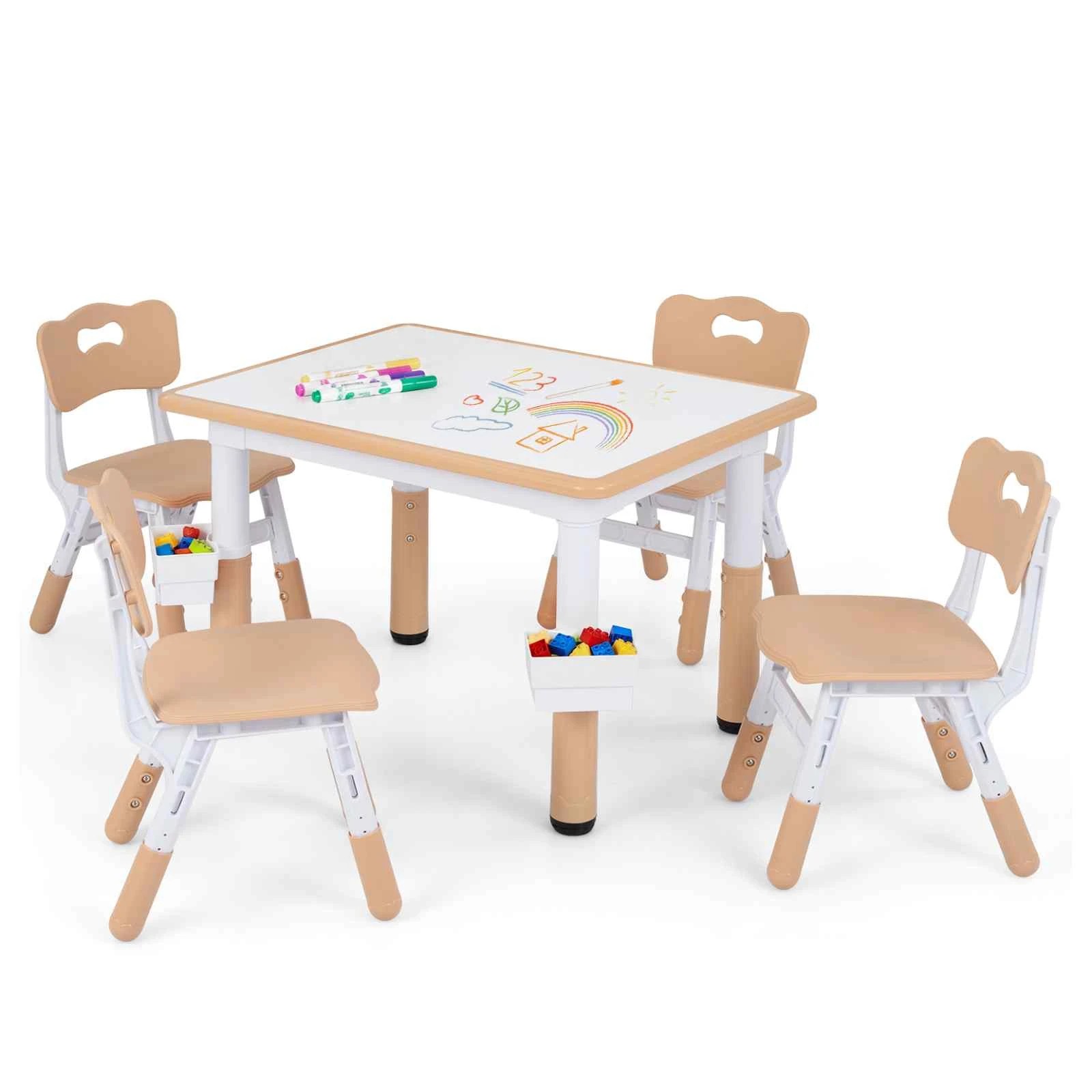 1 Costway Kids Table & 4 Chairs Set Height Adjustable Desk Activity Art Study - Natural, 1 of 4