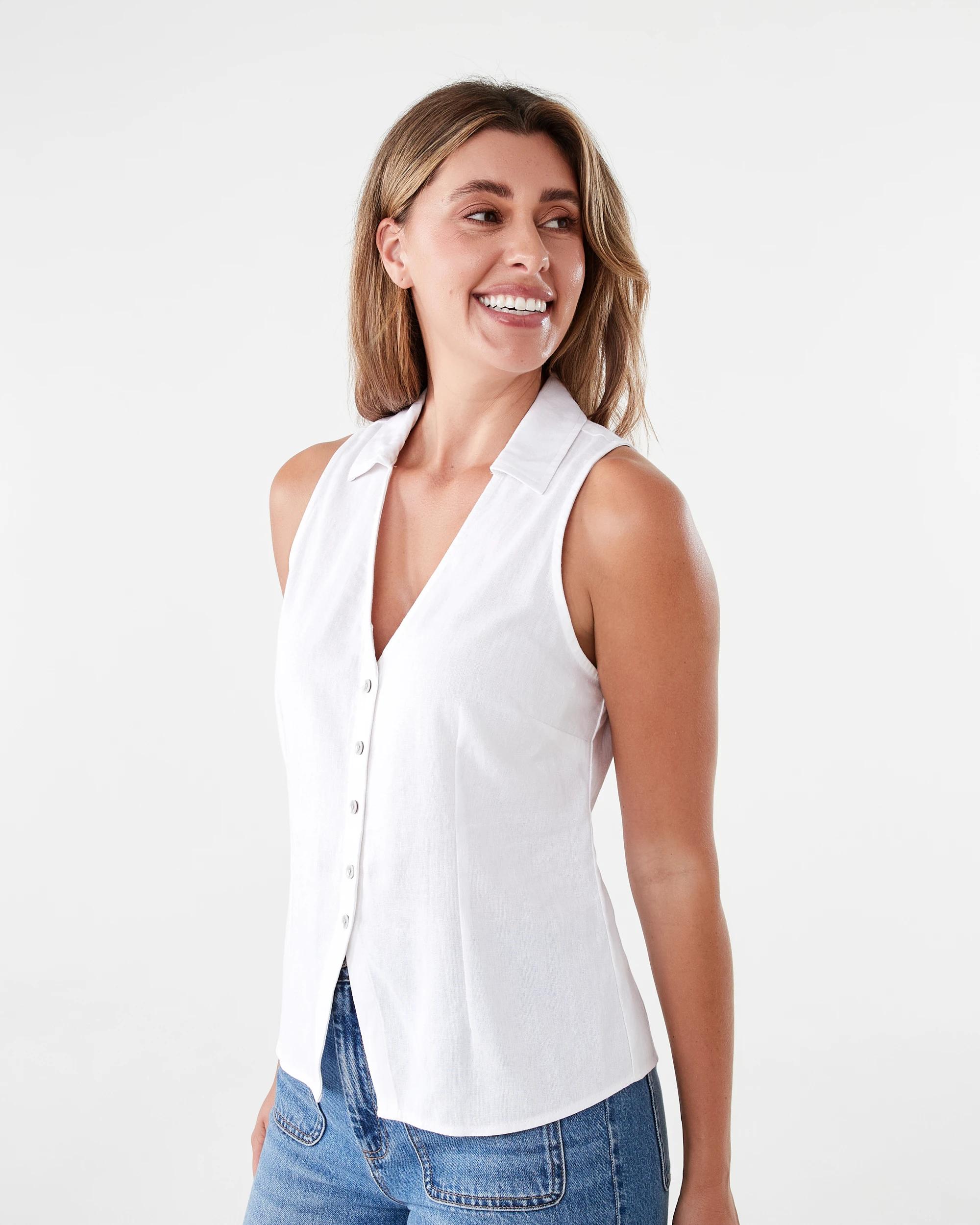 2 Sleeveless Collared Linen Blend Button Top White, 2 of 6