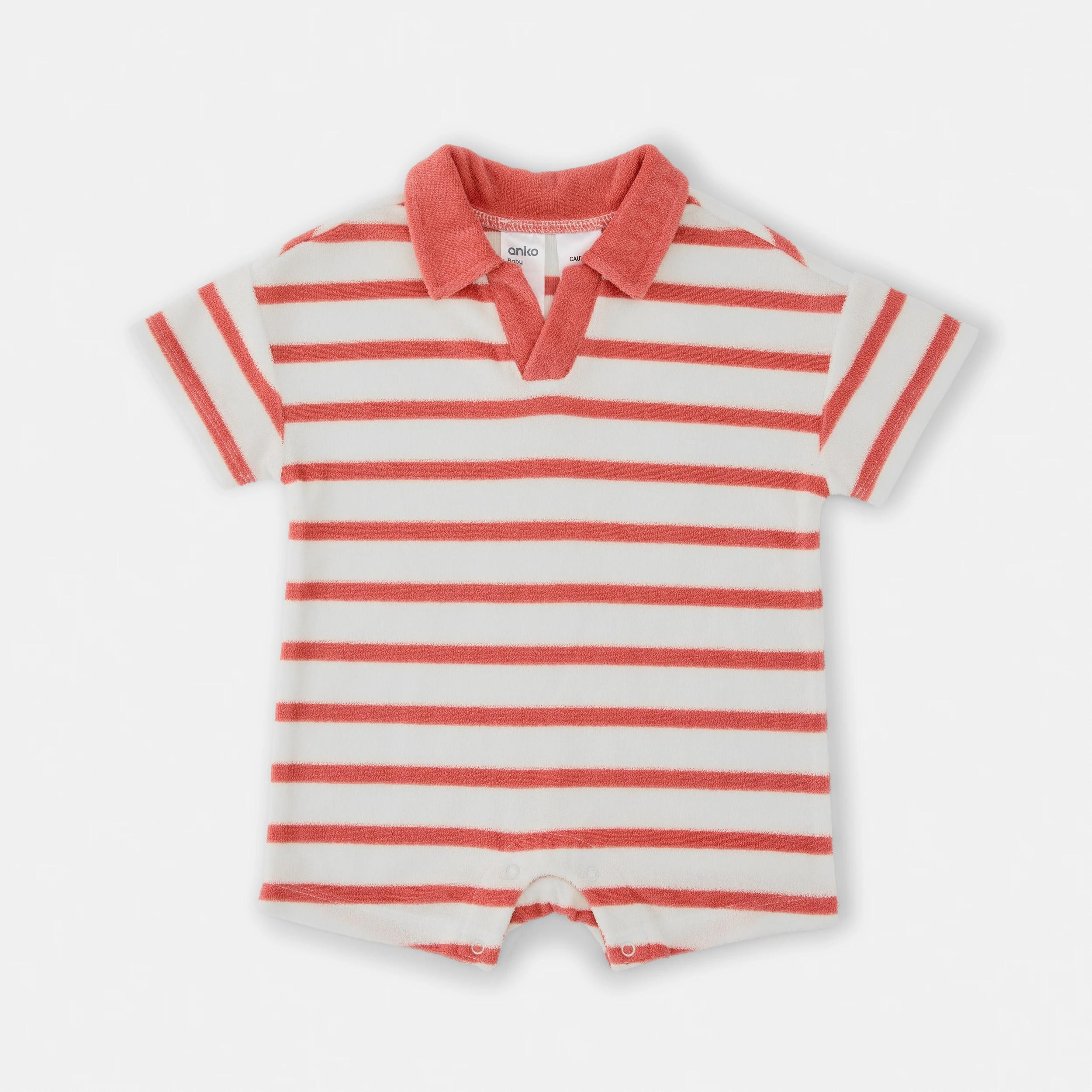 1 Short Sleeve Terry Towel Romper Fr Stripe, 1 of 5