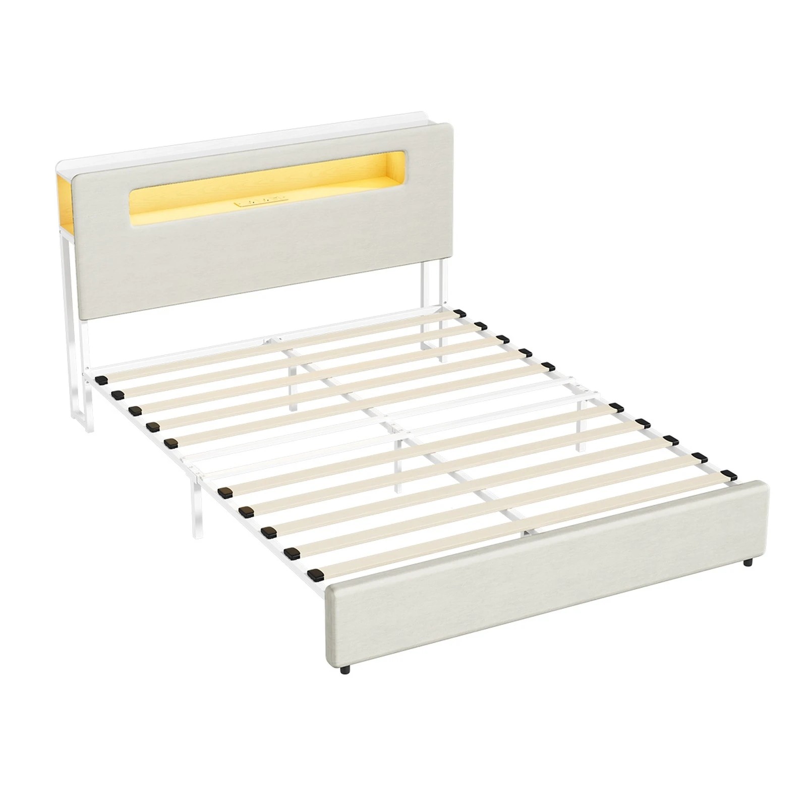 1 Oikiture Bed Frame Queen Size with LED Lights USB Charging Storage Headboad - White, 1 of 8