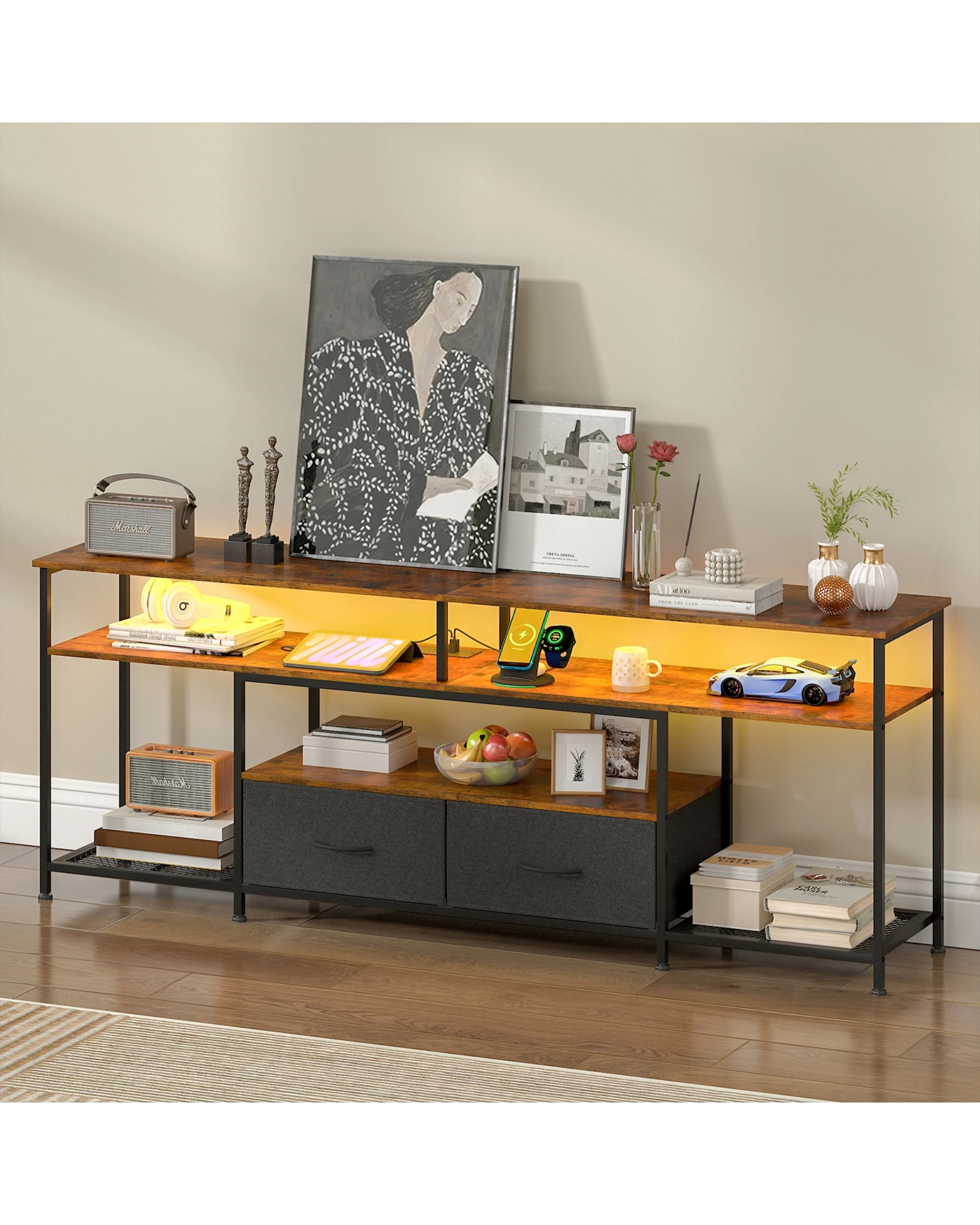 4 Advwin TV Cabinet 160cm LED Entertainment Unit Stand w/ Charging Station Media Console Table w/ Shelf & Drawer, 4 of 8