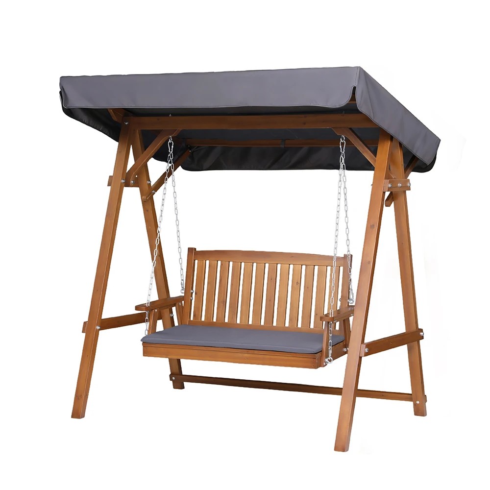 1 Gardeon Outdoor Wooden Swing Chair Garden Bench Canopy Cushion 2 Seater Teak - Multi, 1 of 8
