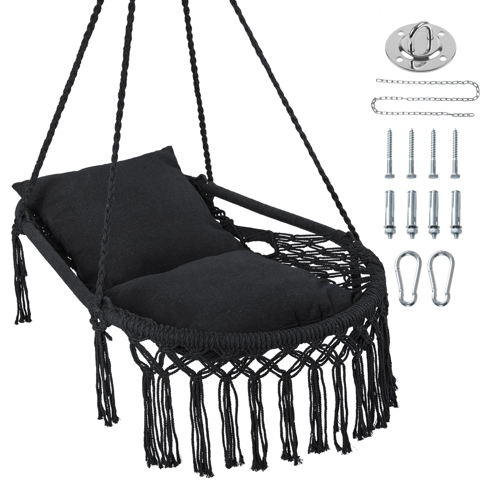 1 Costway Macrame Swing Chair Boho Rope Hanging Hammock Chair - Black, 1 of 4
