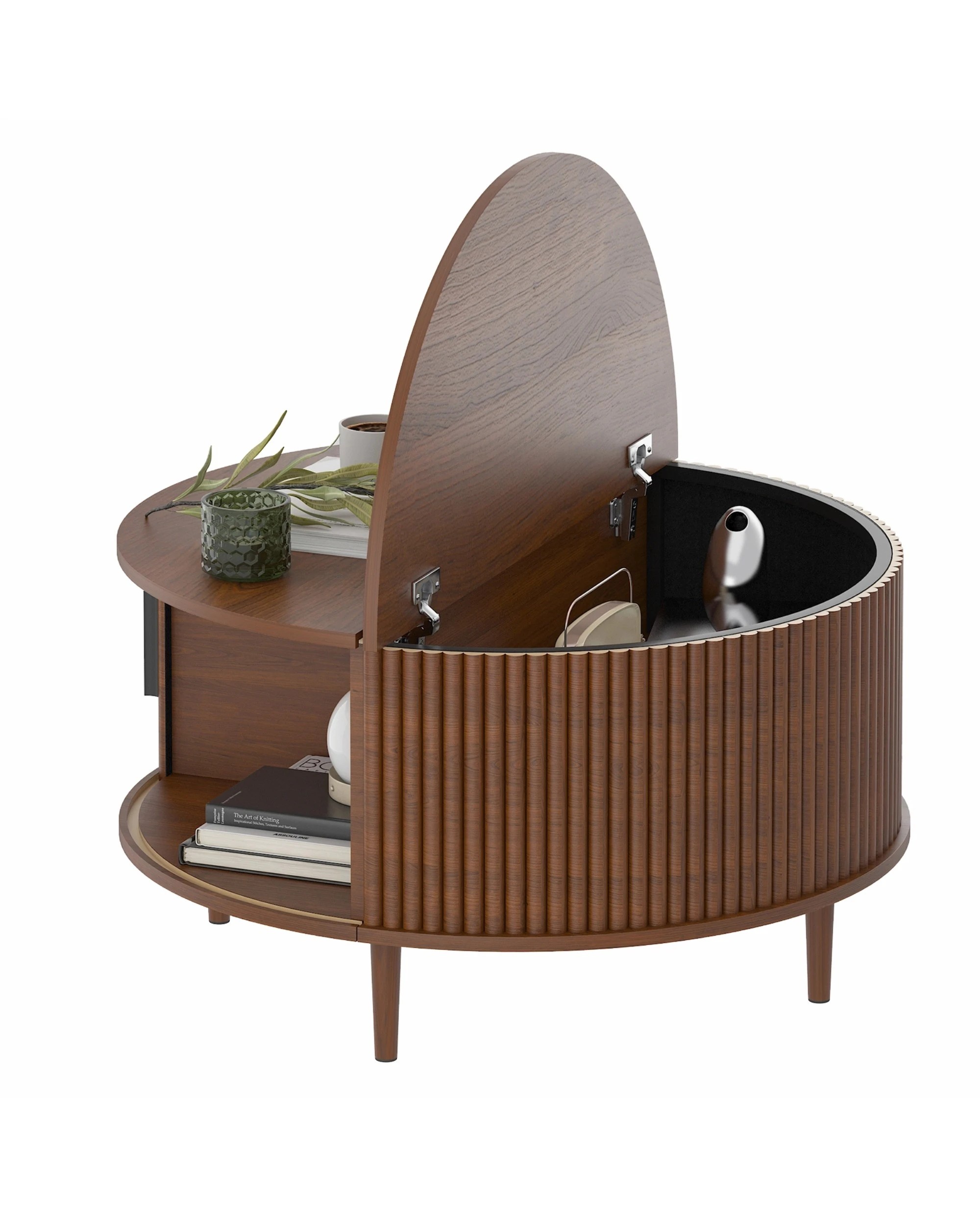 6 Advwin 80cm Round Coffee Table Fluted Center Table w/ Sliding Door Cabinet Side Table w/ Hidden Storage & Shelf, 6 of 9