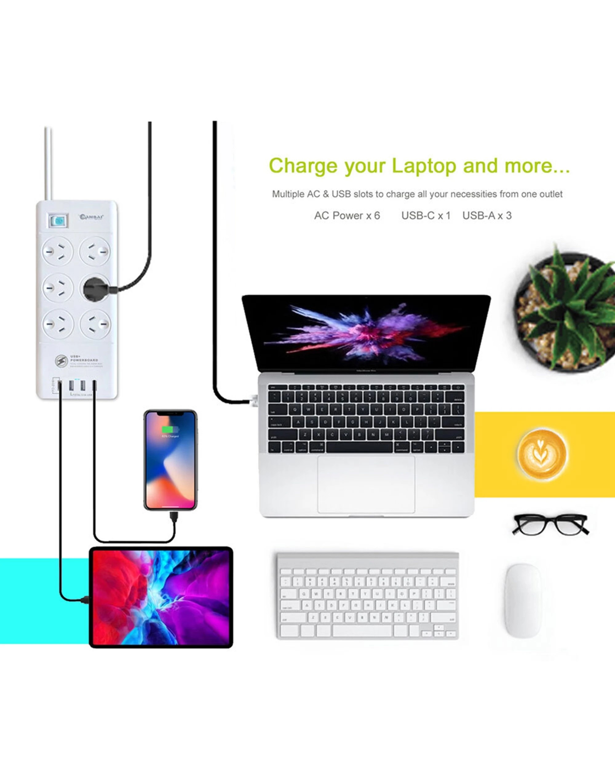 4 Sansai 6 Way Outlet 2400W Surge Protector Power Board USB-A USB-C Charger Ports - White, 4 of 5