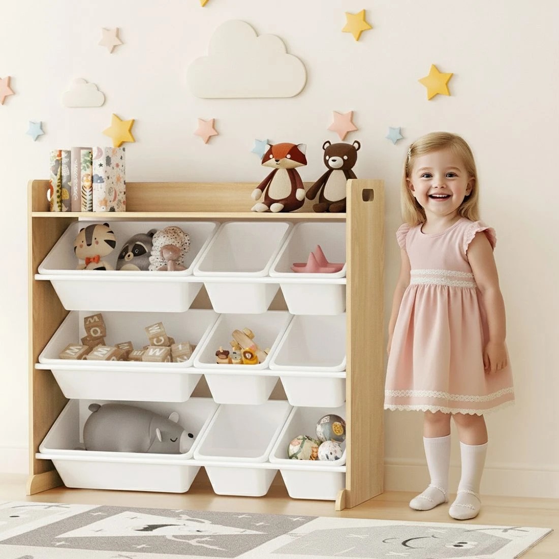 3 Keezi Kids Toy Box 9 Bins Bookshelf Organiser Display Shelf Storage Rack en - Natural, 3 of 6