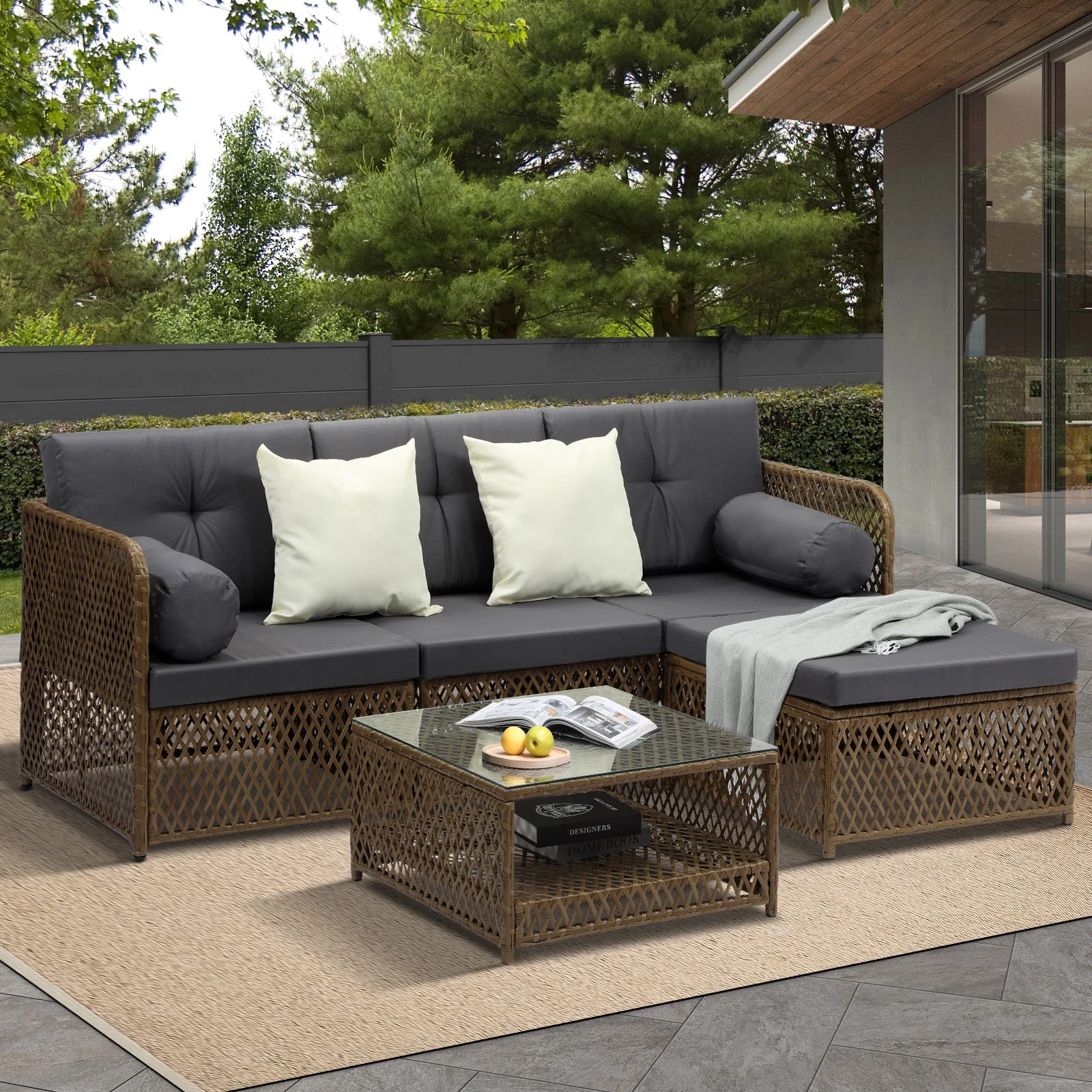 3 Livsip Outdoor Sofa Set 4 Seater Wicker Lounge Setting - Brown, 3 of 8