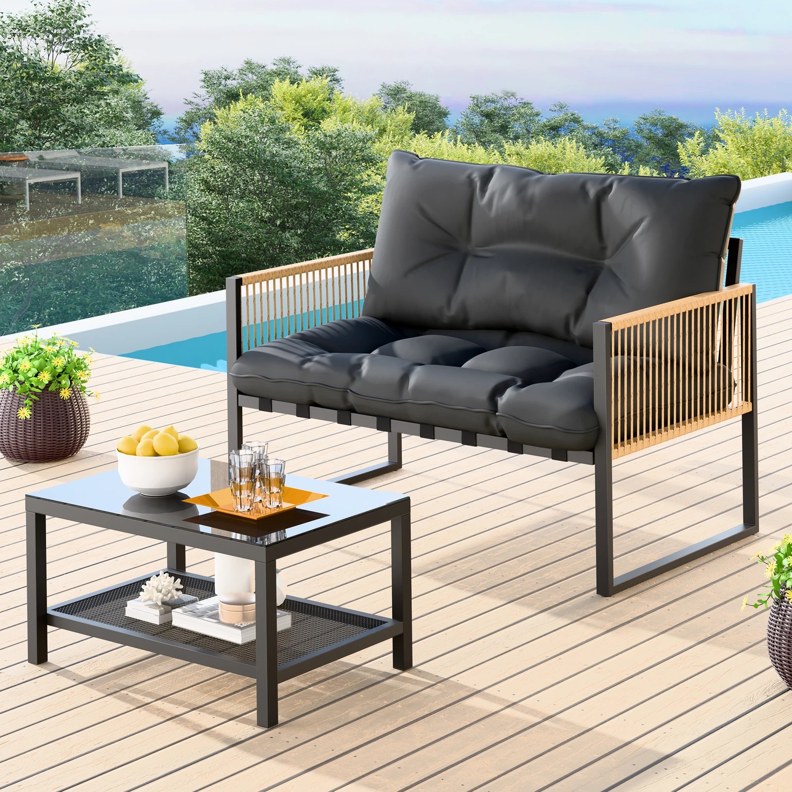 2 Alfordson 2PCS Outdoor Lounge Sofa Set Wicker Furniture Table and Chairs Garden - Grey, 2 of 9