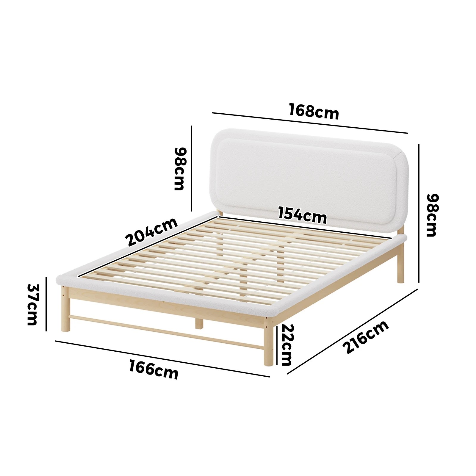 2 Oikiture Wooden Pine Bed Frame with Boucle Upholstery Queen - Beige, 2 of 9