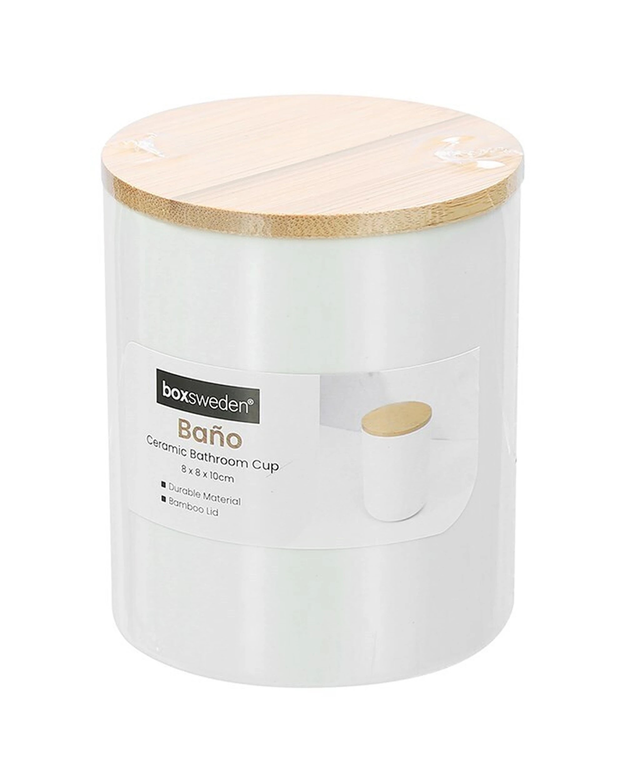 3 Boxsweden 3x Bano Ceramic Bathroom Cup Bamboo Lid 8x10cm - White, 3 of 4