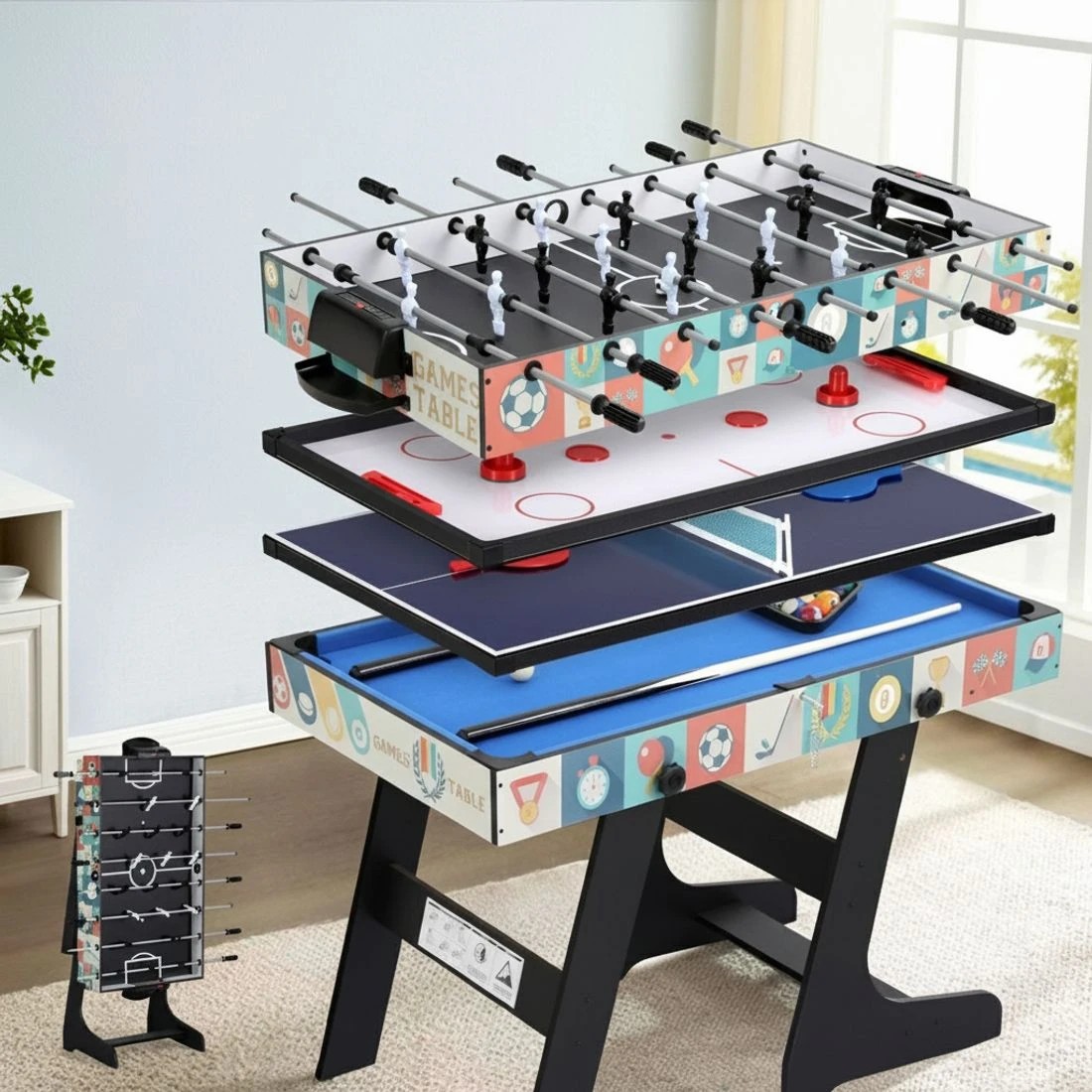 8 Everfit 4-in-1 Soccer Table Foldable Game Foosball Table Tennis Pool Hockey - Blue, 8 of 8