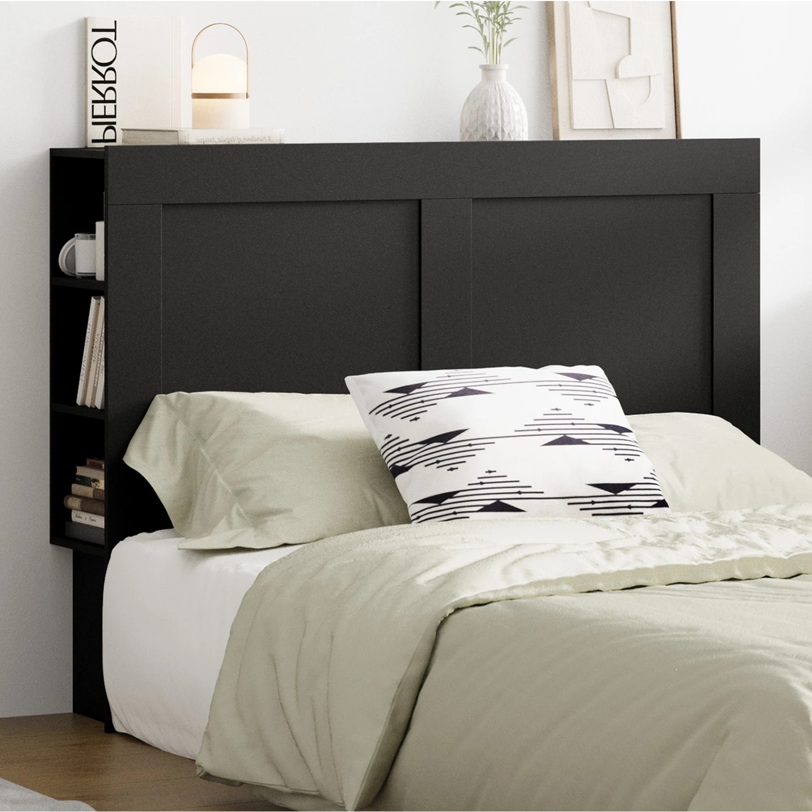 10 Oikiture Headboard Bed Head Double Size Bedhead With Storage Shelves
 - Black, 10 of 10