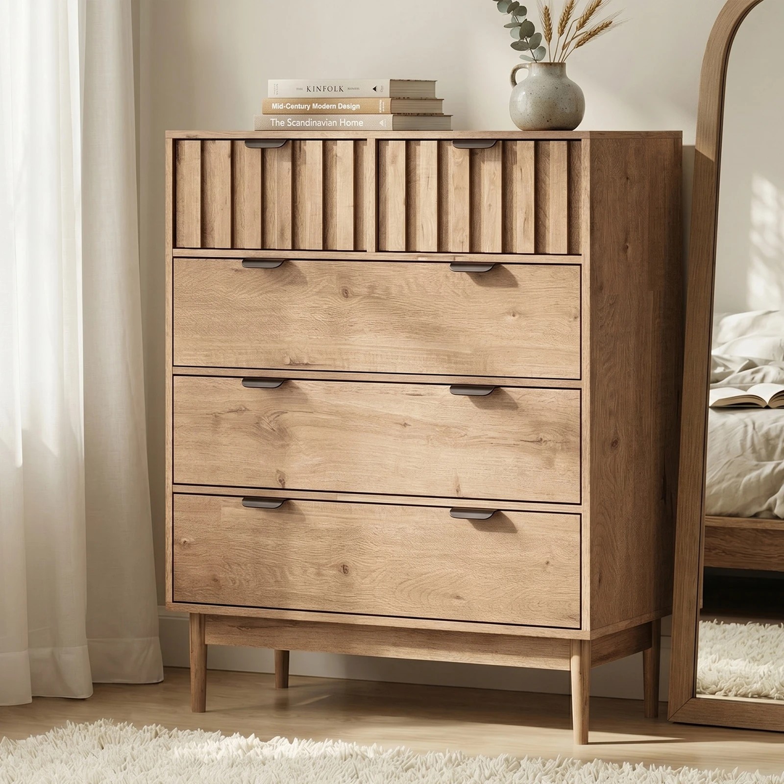 3 Oikiture 5 Chest of Drawers Dresser Tallboy Modern Nightstand Stripe - Natural, 3 of 8