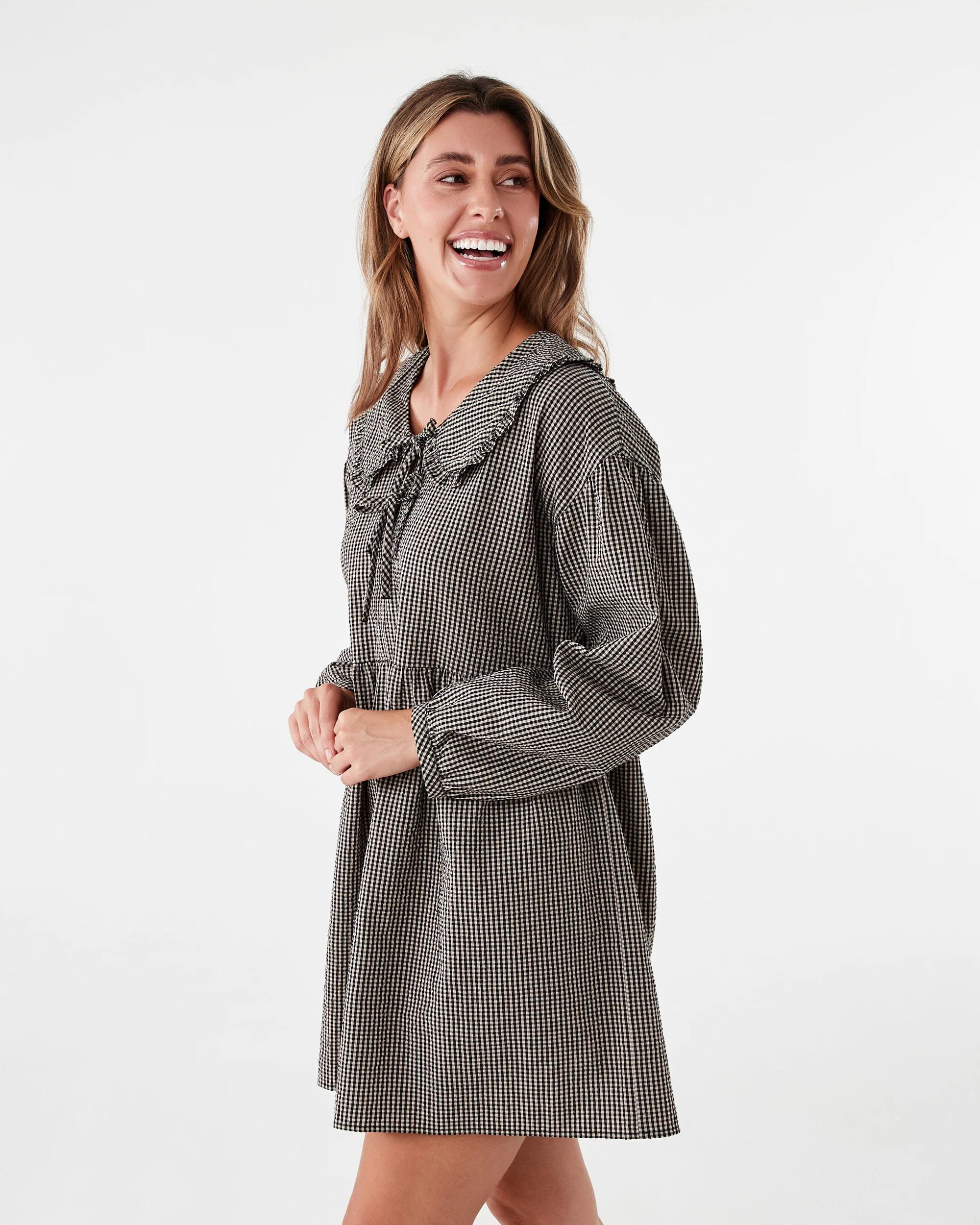 2 Long Sleeve Collared Mini Dress Black Ging, 2 of 8