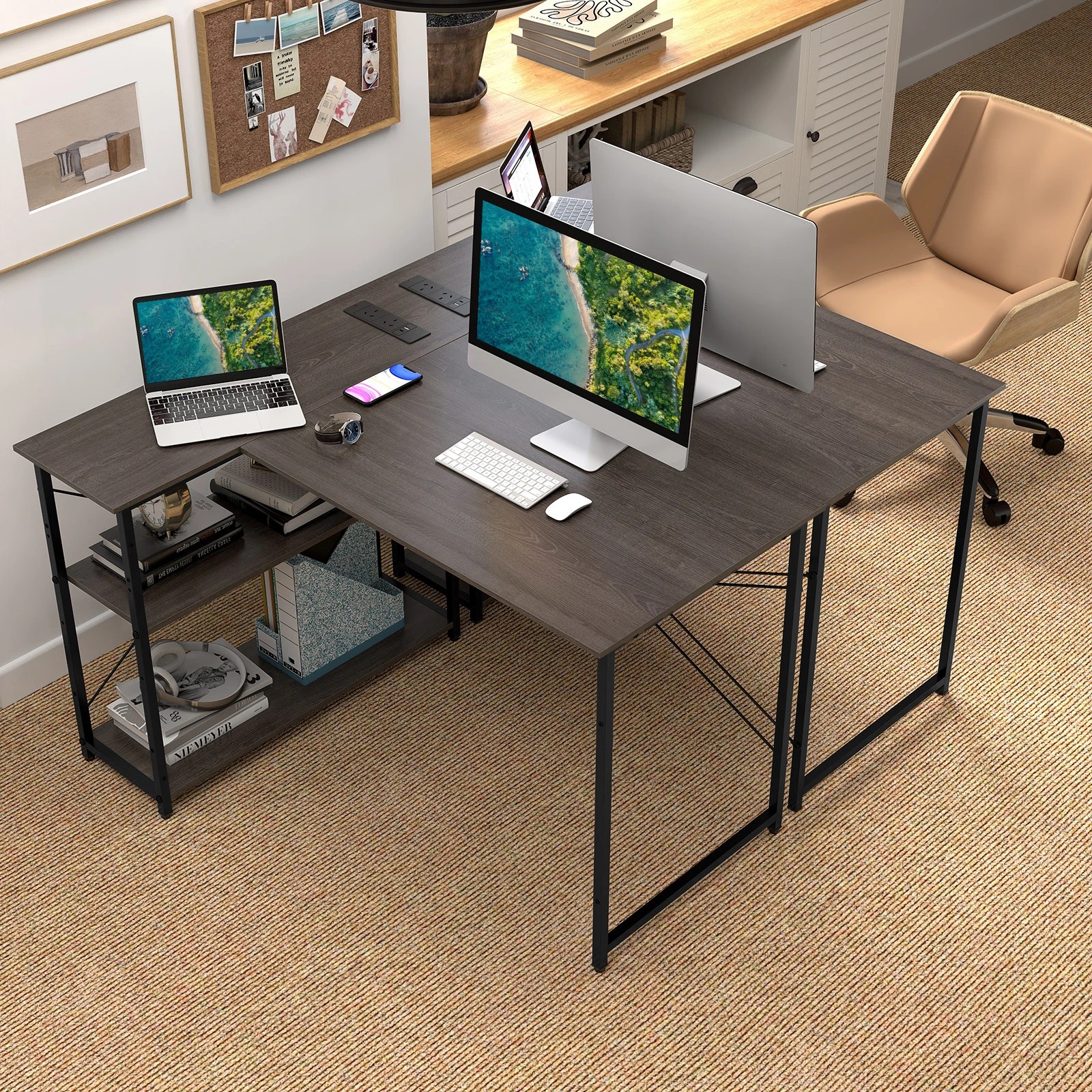4 Costway L-Shaped Computer Desk w/Adjustable Storage Shelves & Power Outlet, 4 of 4