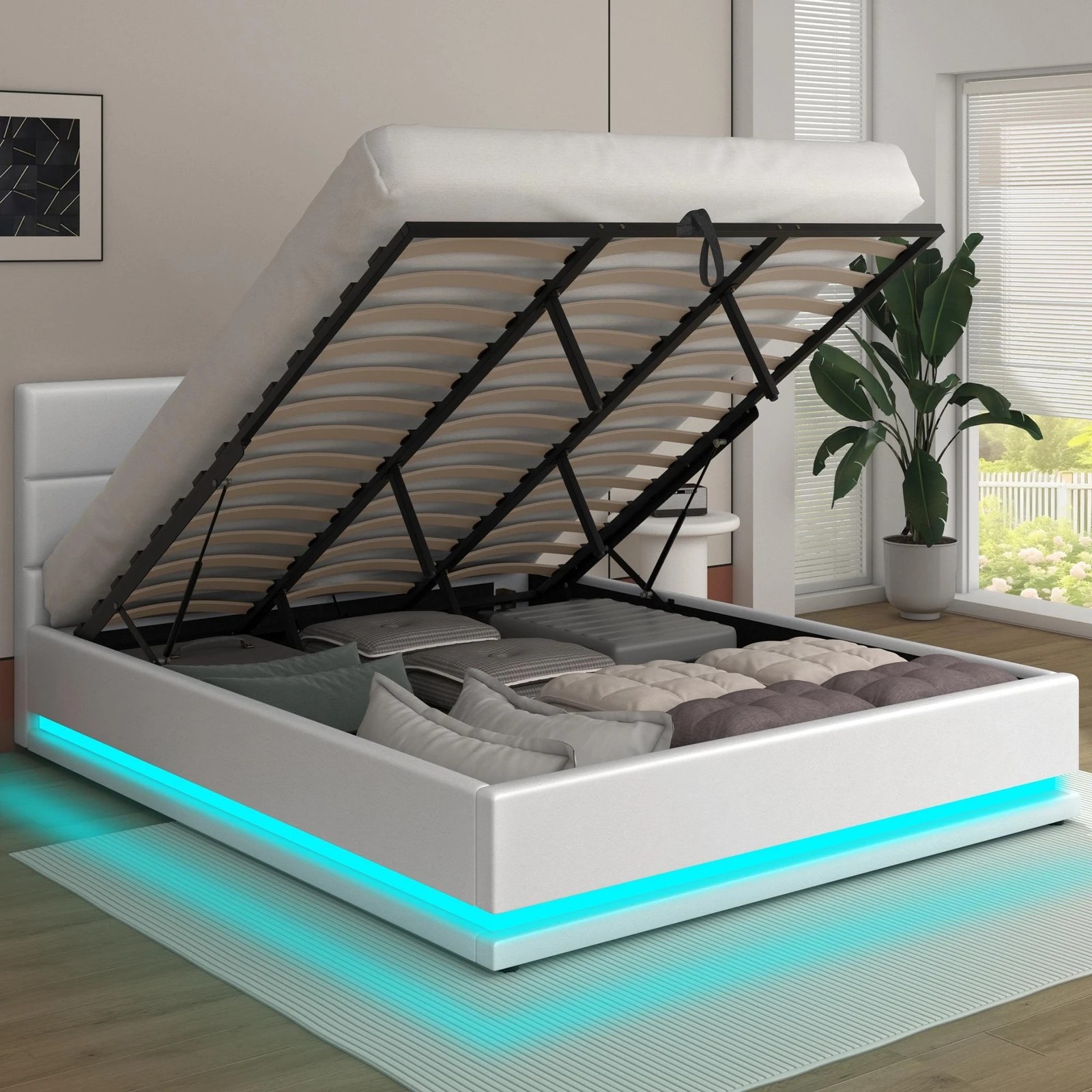 6 Alfordson Bed Frame King Size Platform RGB LED Gas Lift Base Storage - White, 6 of 10