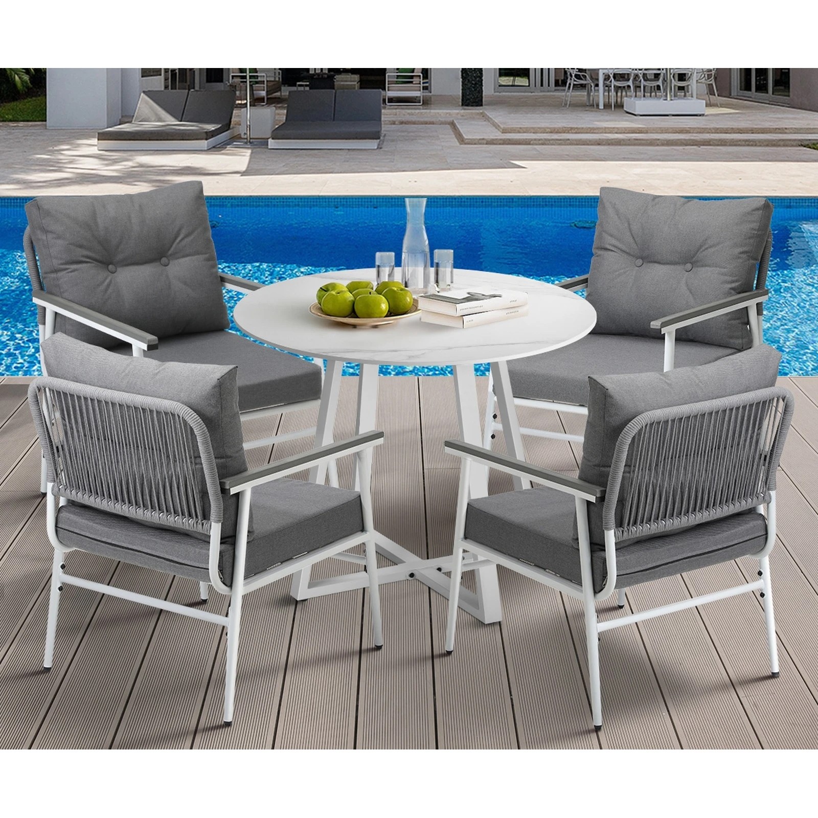 4 Livsip Outdoor Dining Setting Patio Furniture Set 4 Seater Round Table Chair - White, 4 of 9