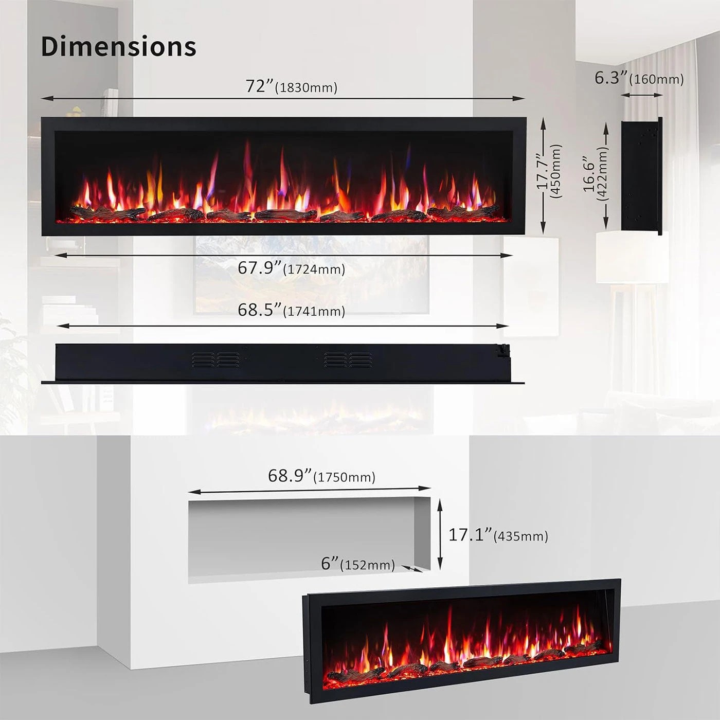 5 Moda Living Aria 72 inch Electric Fireplace - Black, 5 of 7