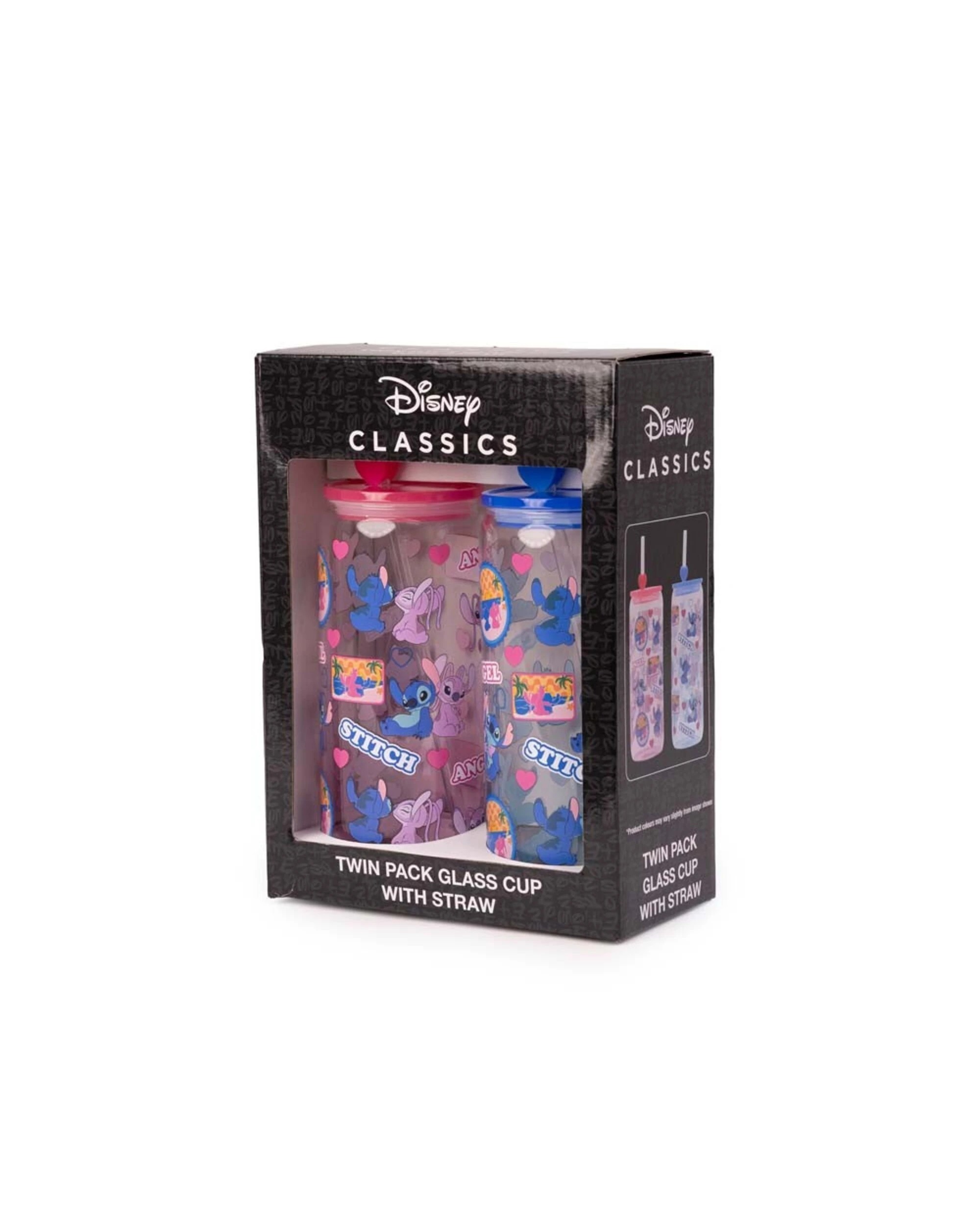 3 Disney - Lilo & Stitch - Stitch Stamps Glass Cup with Straw Twin Pack - Blue,Pink, 3 of 4