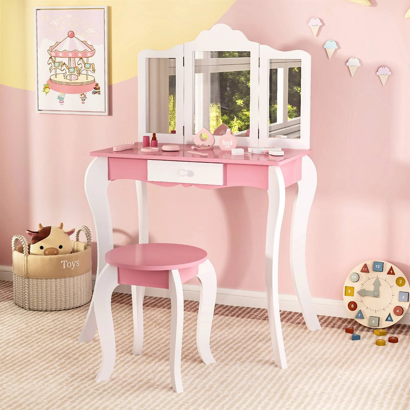 1 Costway 2-in-1 Vanity Table Stool Set Tri-Folding Mirror - Pink, 1 of 2