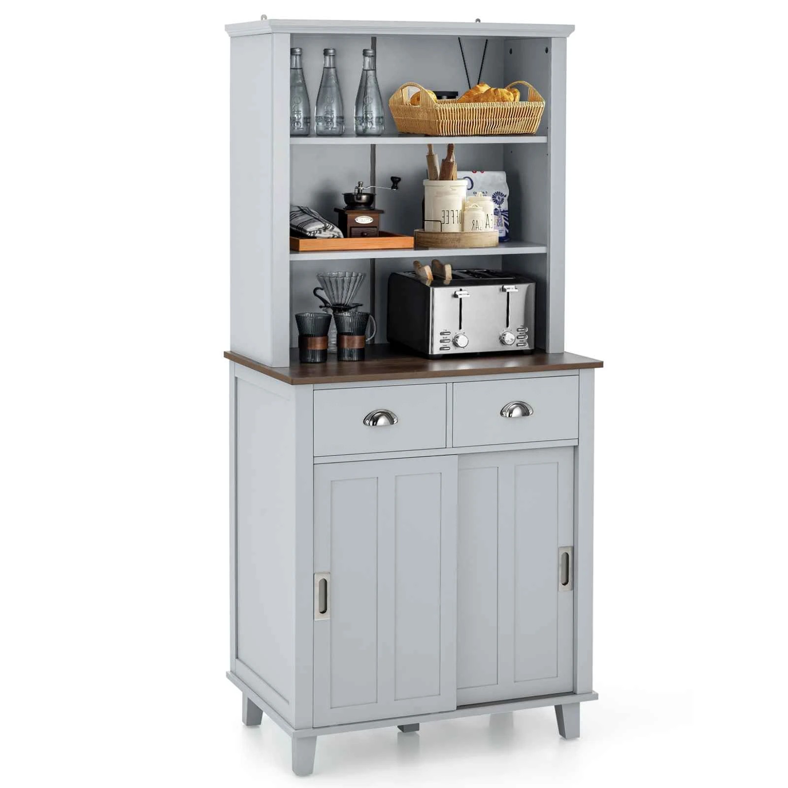 1 Costway 1.7m Kitchen Buffet Pantry Cabinet Cupboard Sliding Doors - Grey, 1 of 3