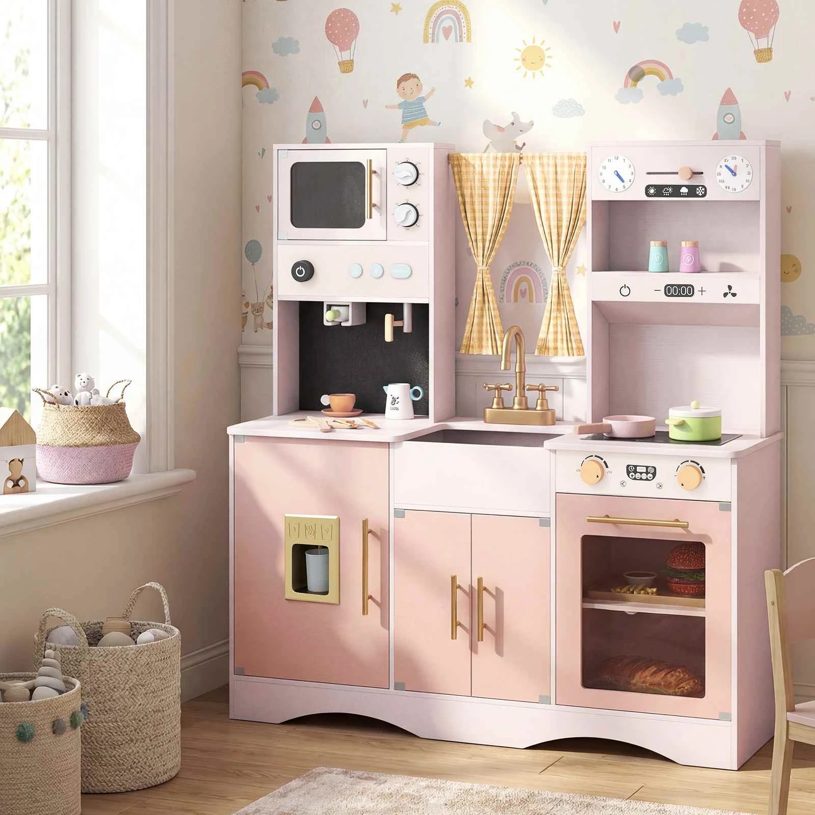 2 Costway Kitchen Playset Wooden Cooking Pretend Toy Set - Pink, 2 of 3