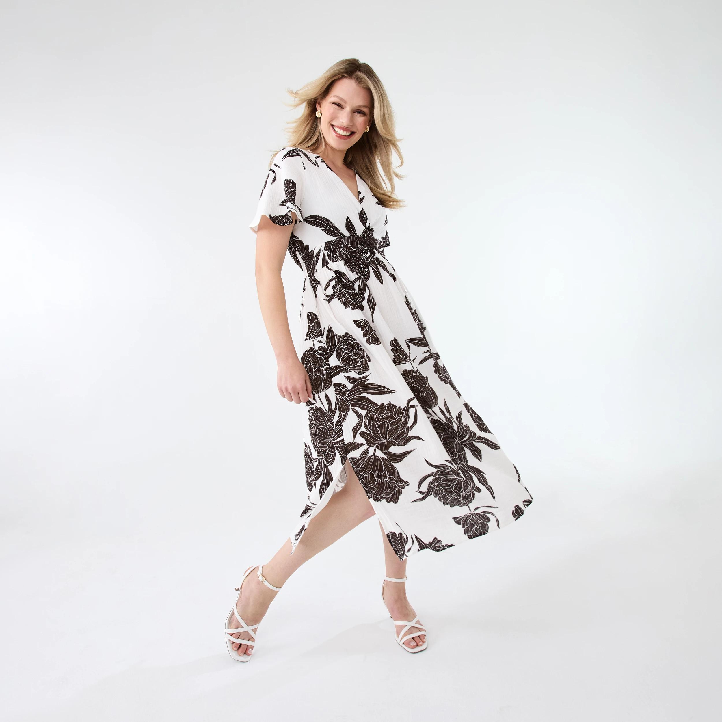 2 Short Sleeve Twist Front Midi Dress Choc Flrl, 2 of 10