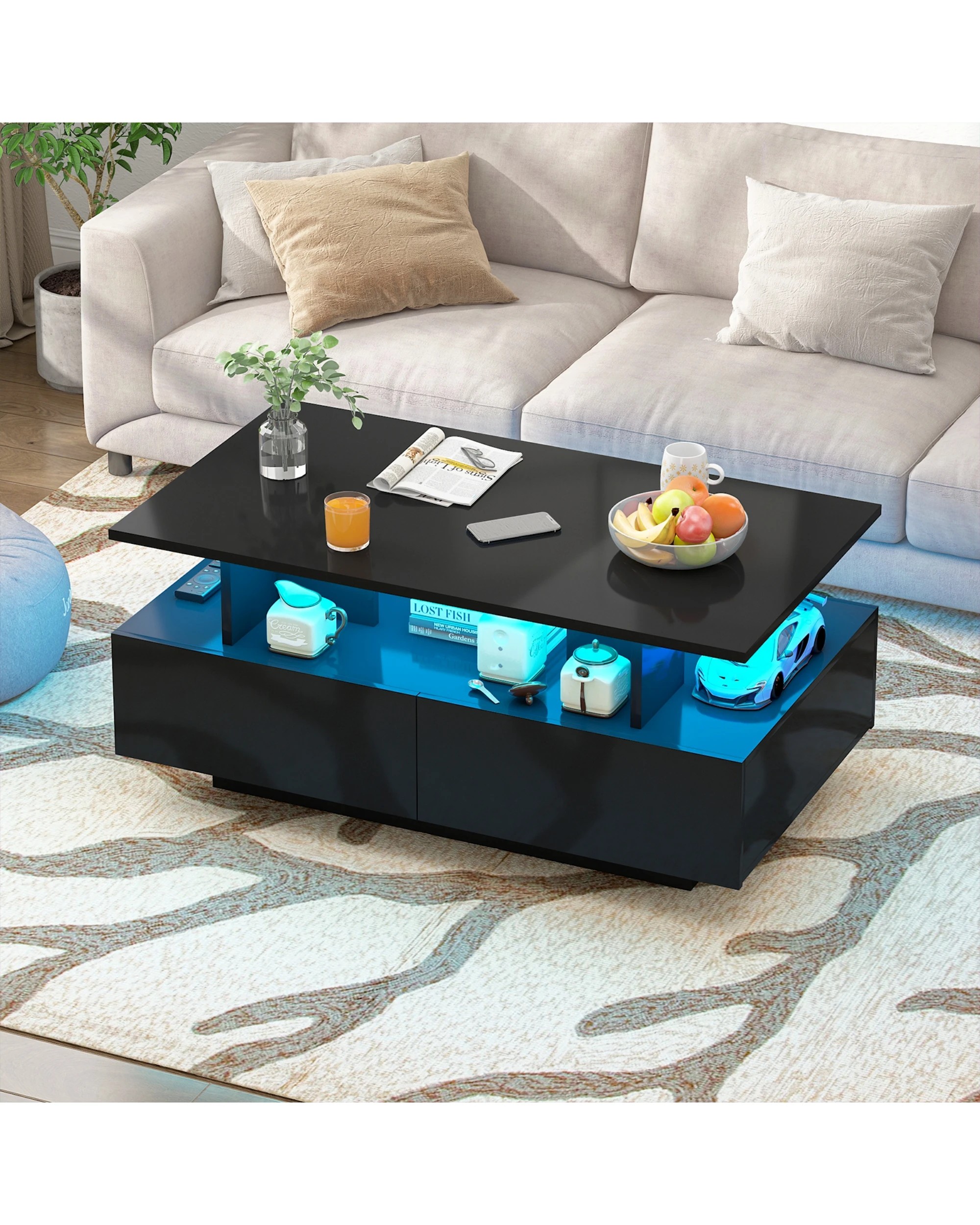 3 Advwin LED Coffee Table w/ 4 Storage Drawers High Gloss Central Table w/ Open Display Shelf, 3 of 9