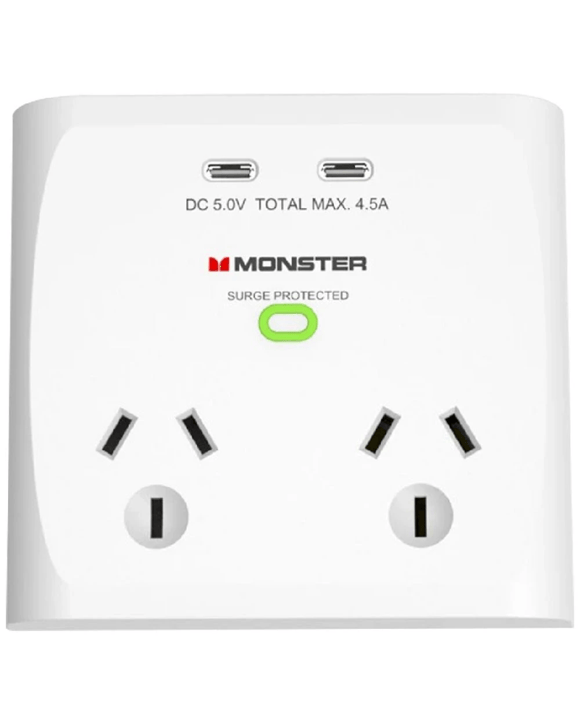Monster 2 Socket USB Surge Protector White