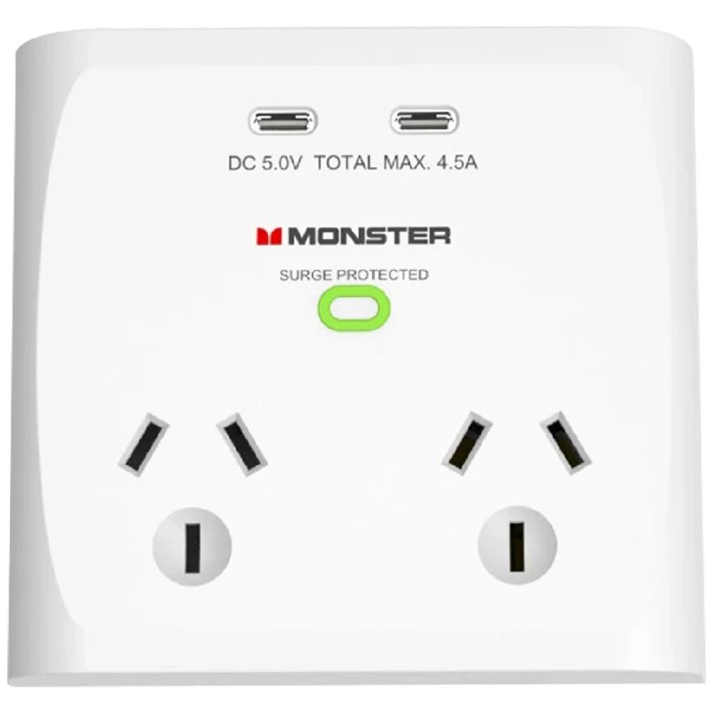 1 Monster 2 Socket USB Surge Protector White, 1 of 1