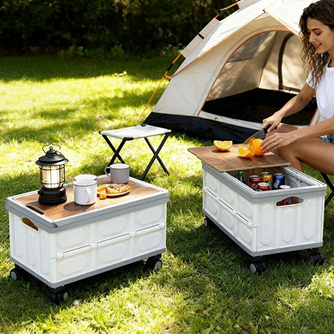 5 Gardeon Collapsible Outdoor Storage Box 54L Stackable Folding Camping Organizer Wheels Plywood Lid - Multi, 5 of 7