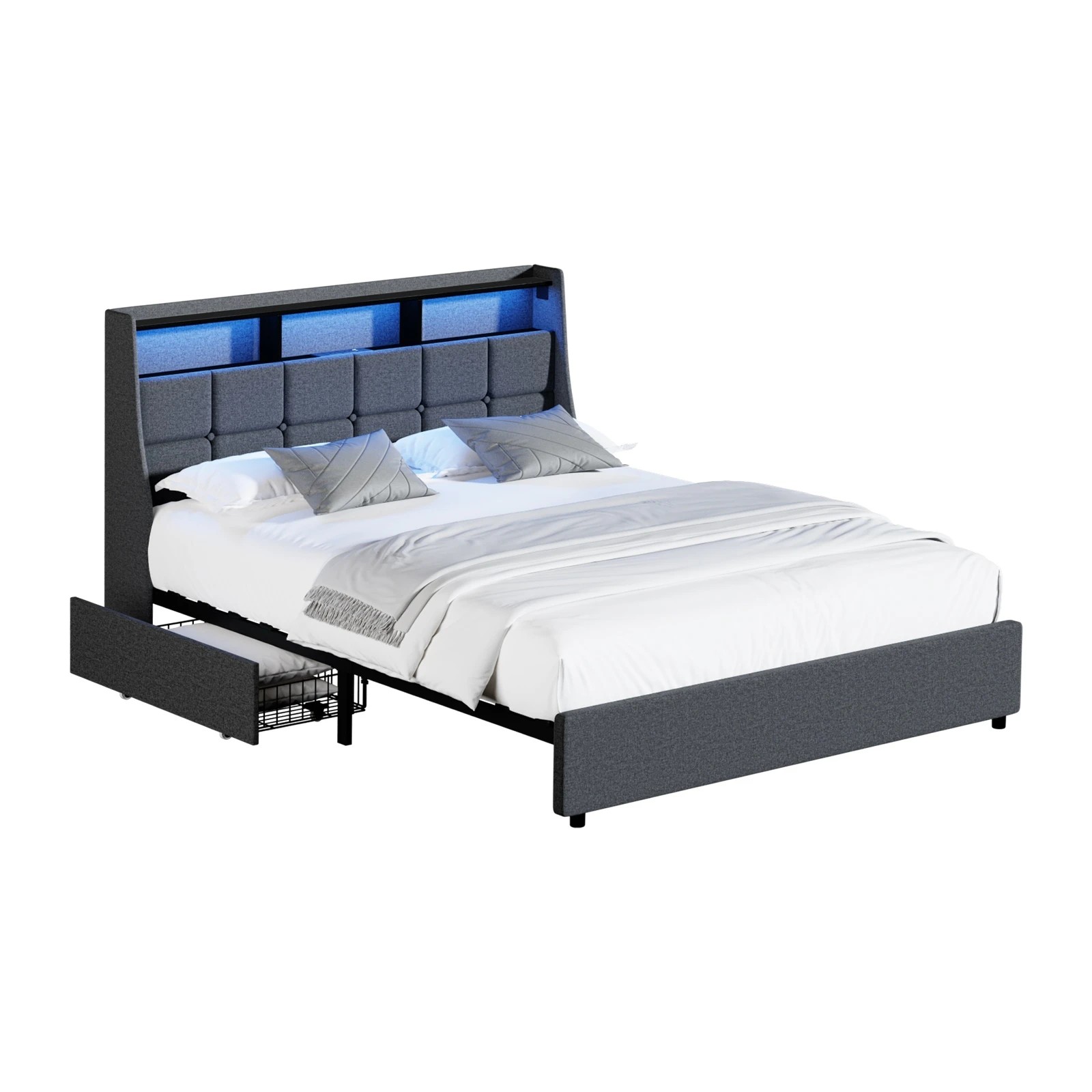 1 Oikiture Double Size Bed Frame with LED Lights and Storage Headboard & Charging Station- Grey, 1 of 7
