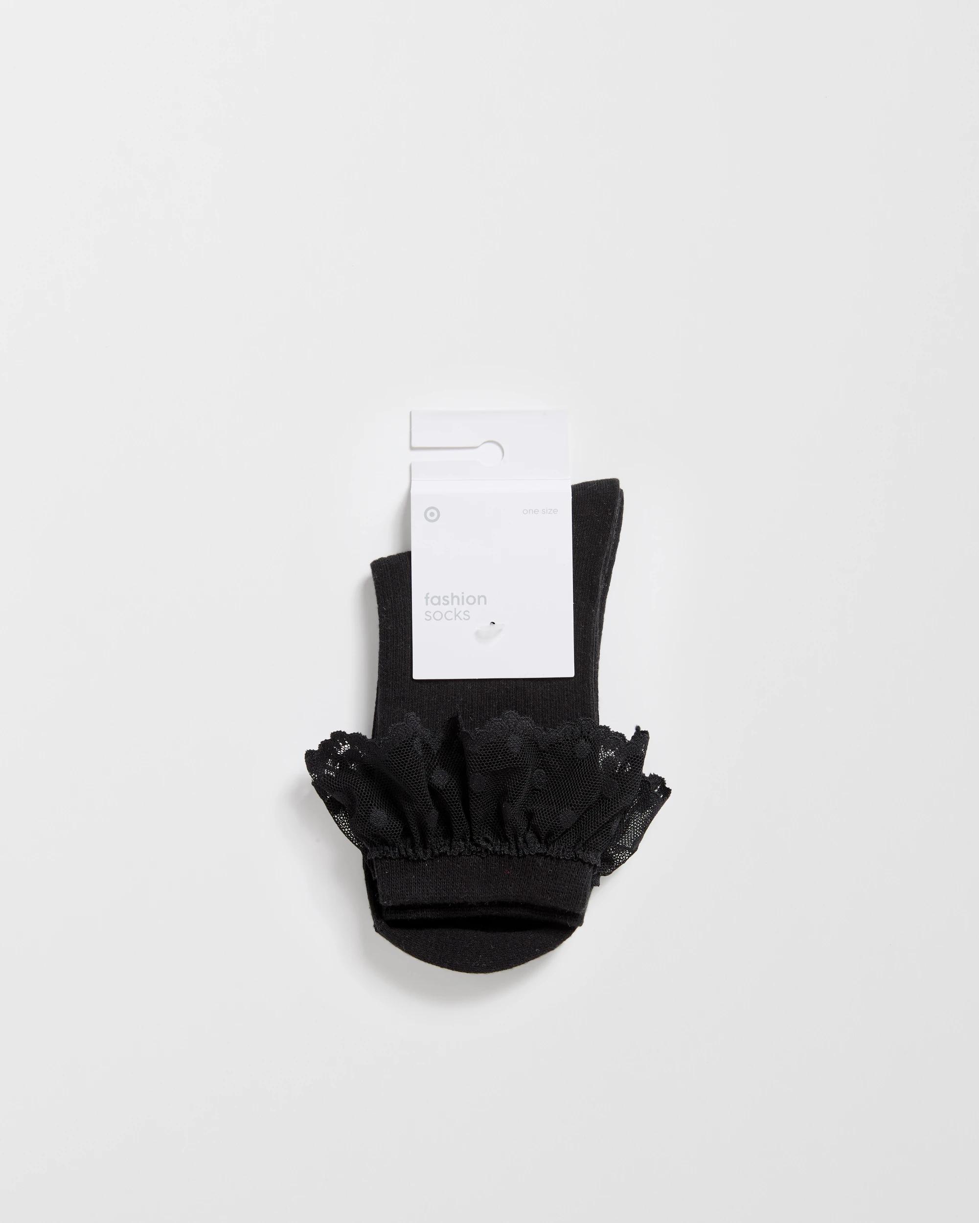 3 Target Australian Cotton Blend Womens Lace Trim Quarter Crew Fashion Socks BLACK, 3 of 3