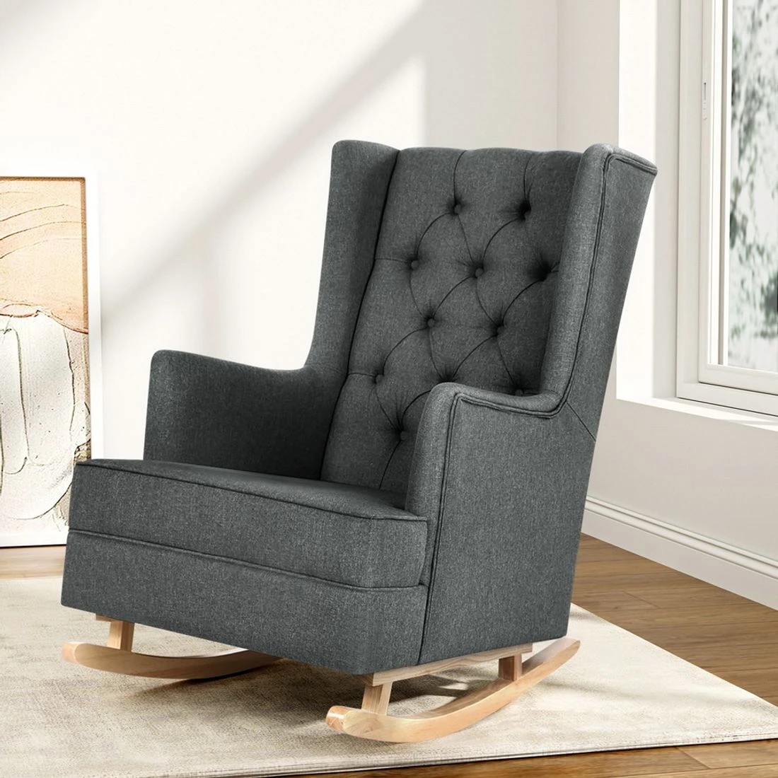 3 Artiss Rocking Chair Armchair Linen Fabric Charcoal Gaia - Charcoal, 3 of 6