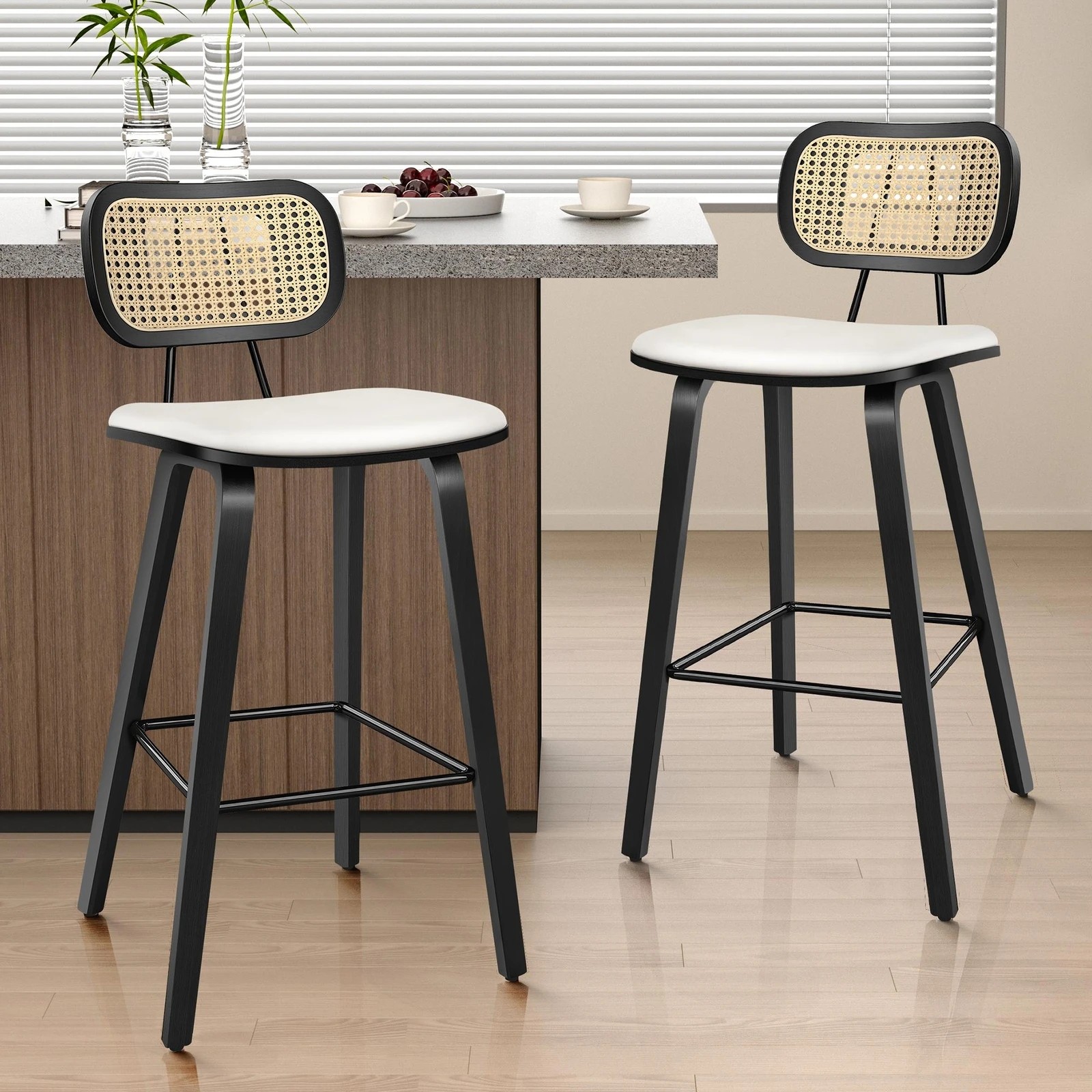 3 Alfordson 4x Bar Stools Kitchen Vintage Leather Seat Rattan Chair - White, 3 of 9