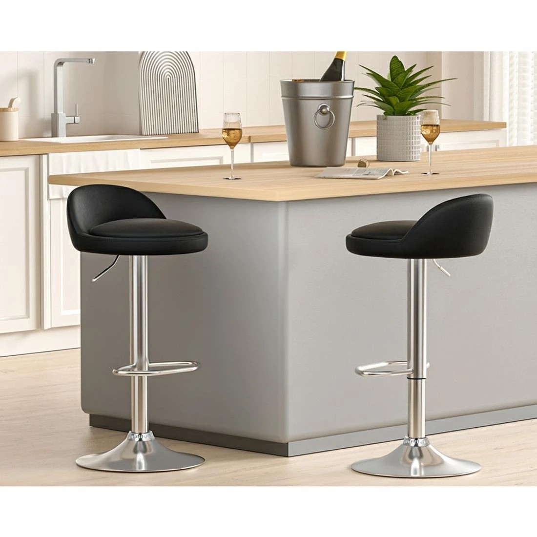 4 Artiss 4x Bar Stools PU Leather Gas Lift - Black, 4 of 6