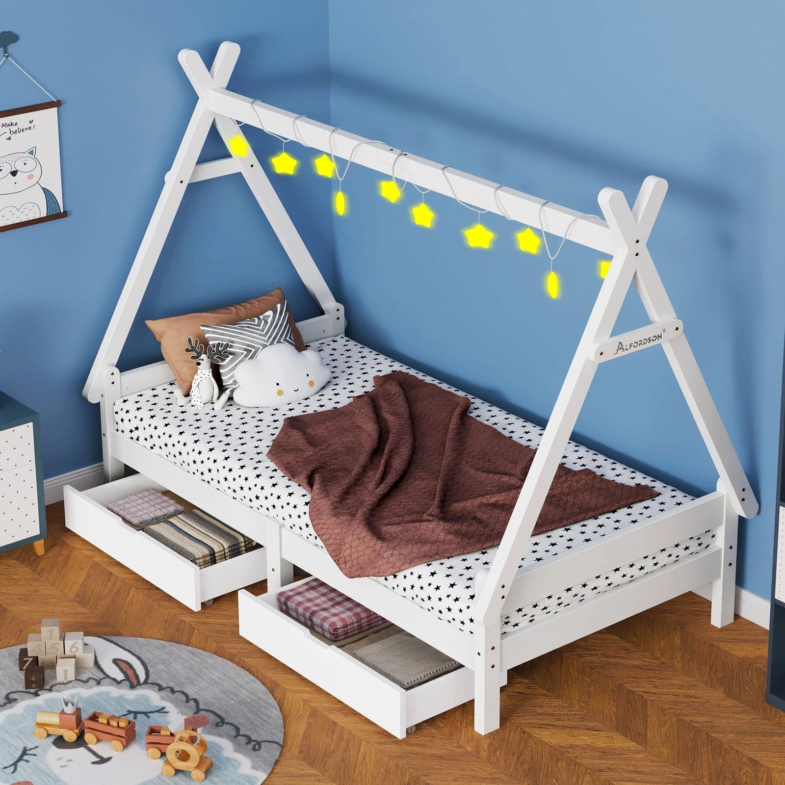 4 Alfordson Kids Bed Frame Wooden Timber Single House Frame Platform Base Estelle - White, 4 of 10