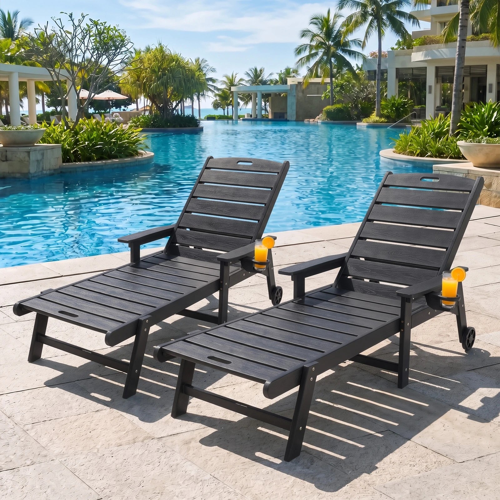Livsip 2PCS HDPE Sun Lounge Outdoor Lounger Beach Chair - Black - Kmart