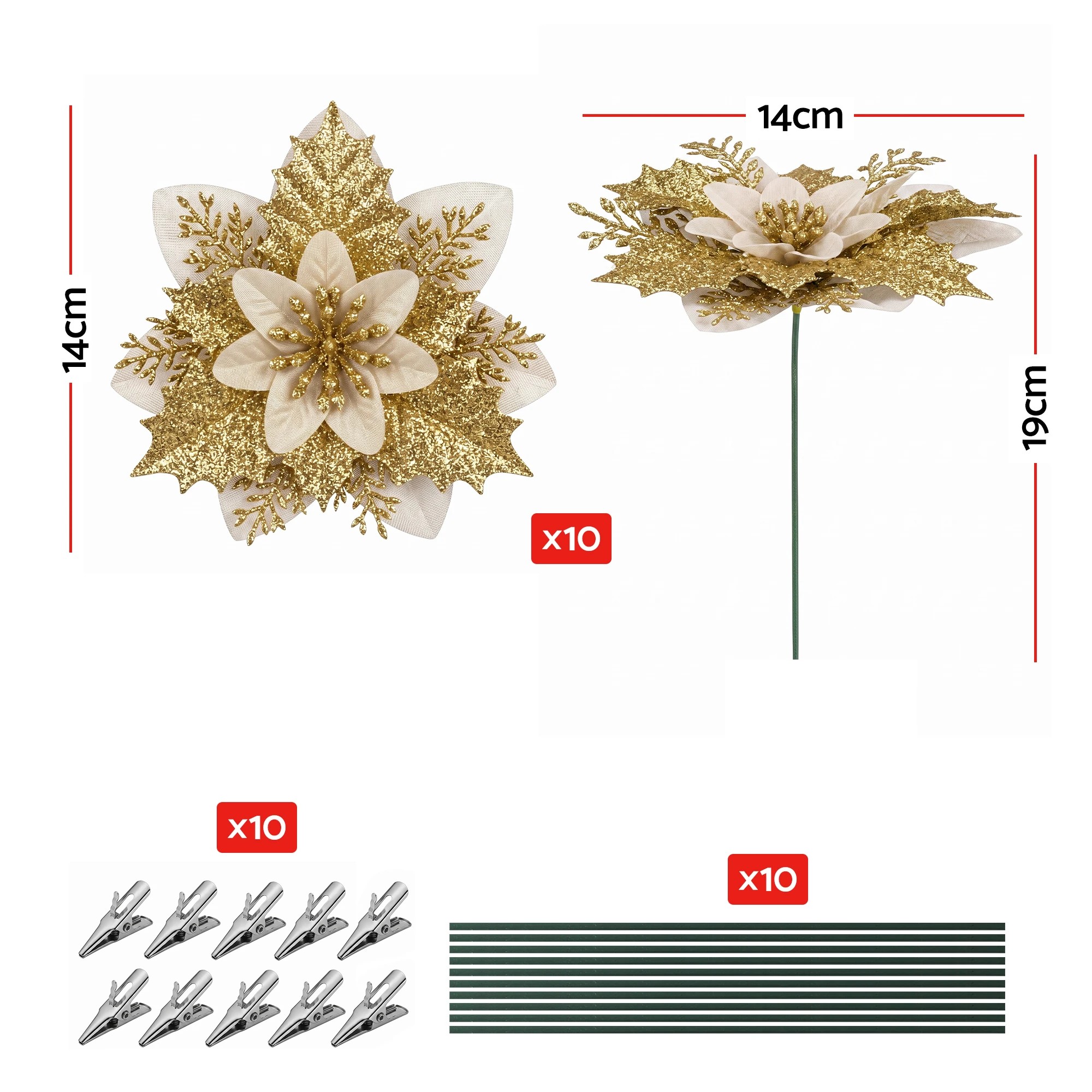 2 Jingle Jollys 10Pcs Christmas Tree Flower Set Xmas Garland Wreath Poinsettia Decorations - Gold, 2 of 9