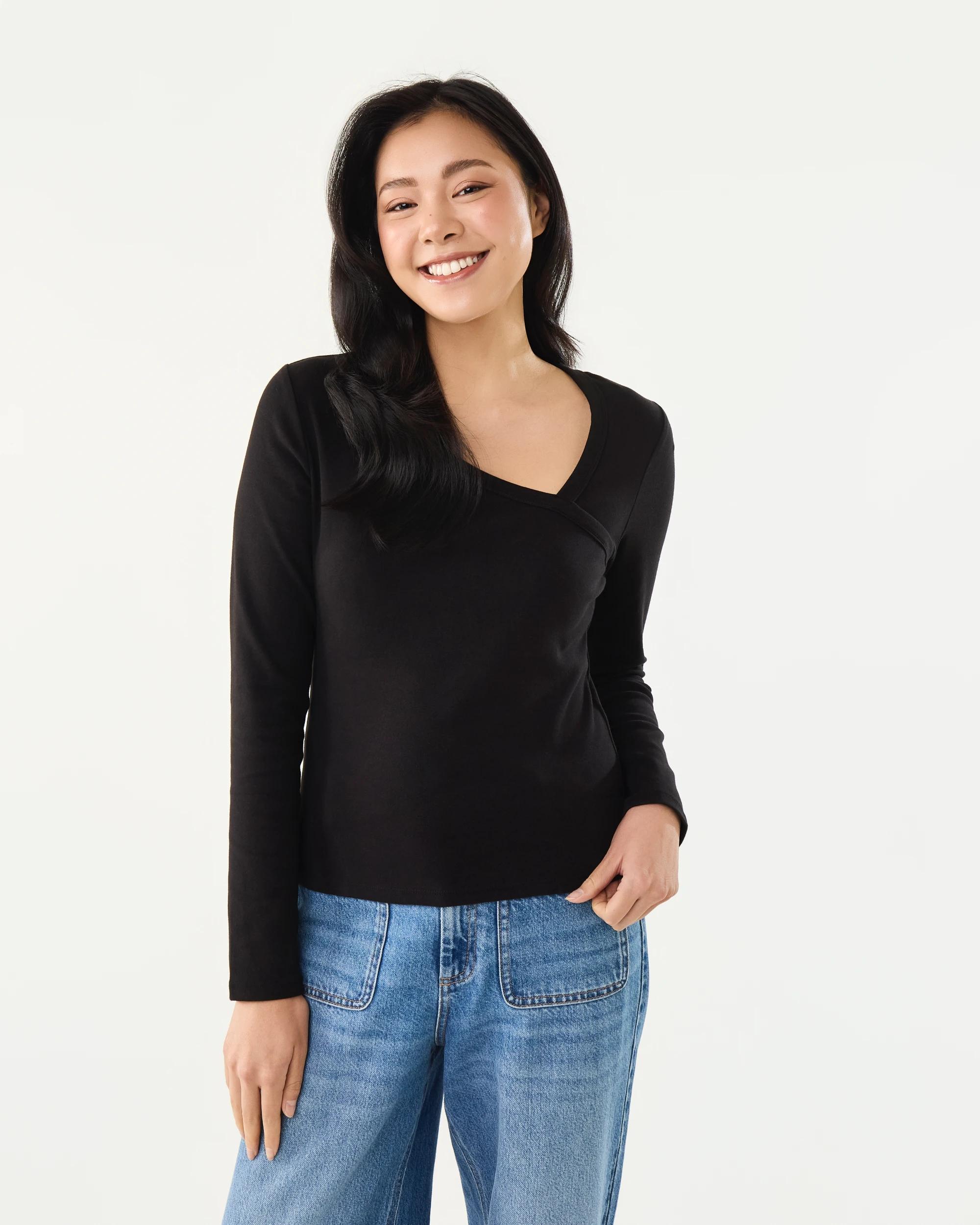 1 Long Sleeve Asymmetric Neck Top Black, 1 of 6
