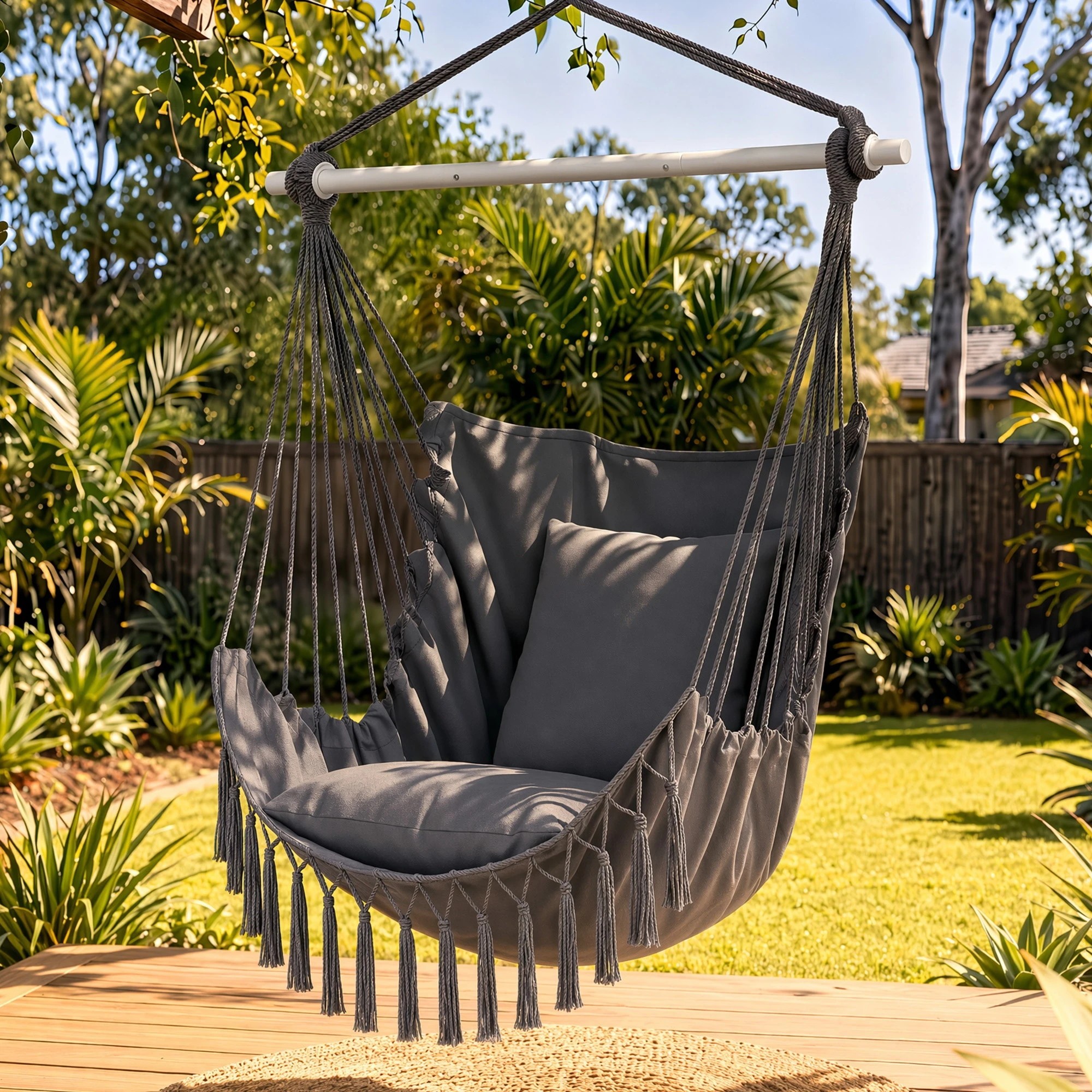3 Gardeon Hammock Chair Camping Macrame Hanging Swing with Cushions Tassels 120kg Capacity - Grey, 3 of 8
