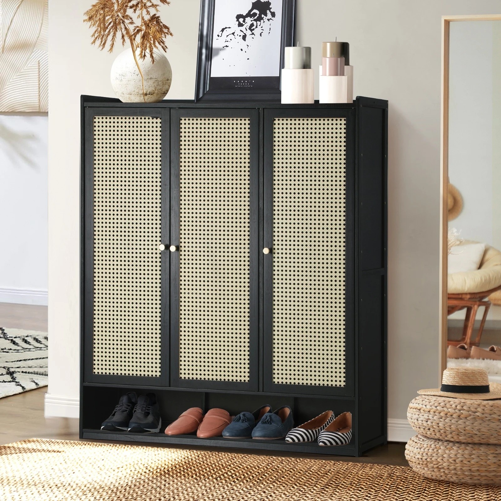 2 Oikiture Shoe Storage Cabinet Shoes Rack Organiser Shelf 3 Doors Rattan Style
 - Black, 2 of 9