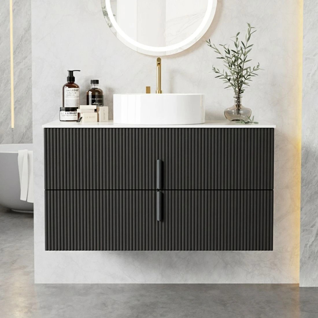 3 Cefito Vanity Unit 900mm Bathroom Cabinet Storage Wall Hung  Timber Front - Black, 3 of 5