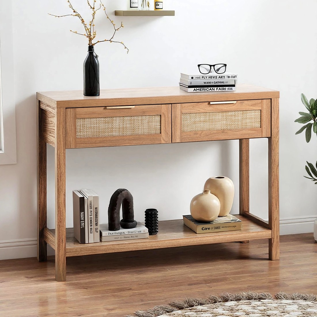 3 Oikiture Console Table 2 Drawers Entry Table Hallway Display Shelf - Natural, 3 of 10